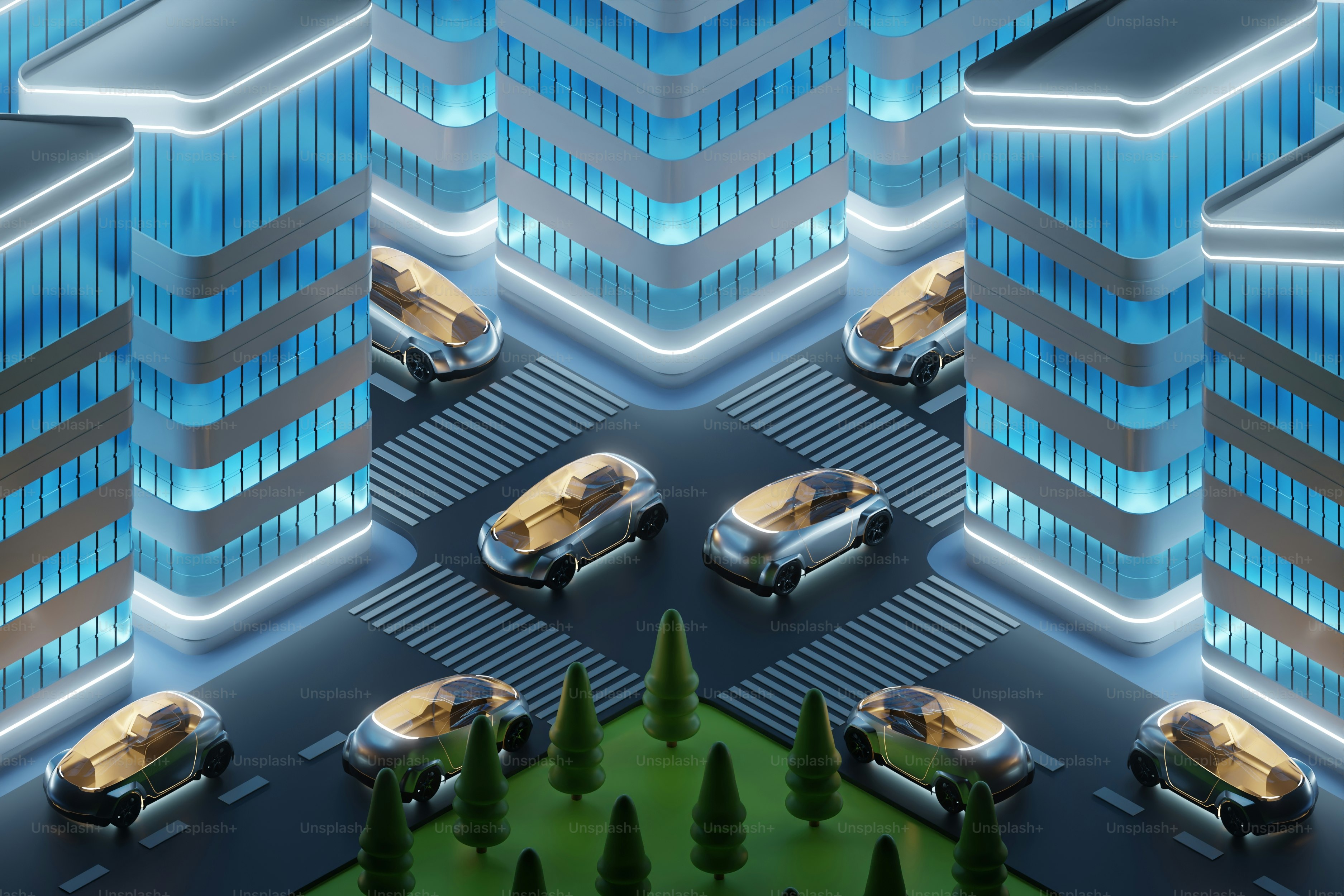 Los coches autónomos navegan por un paisaje urbano futurista.