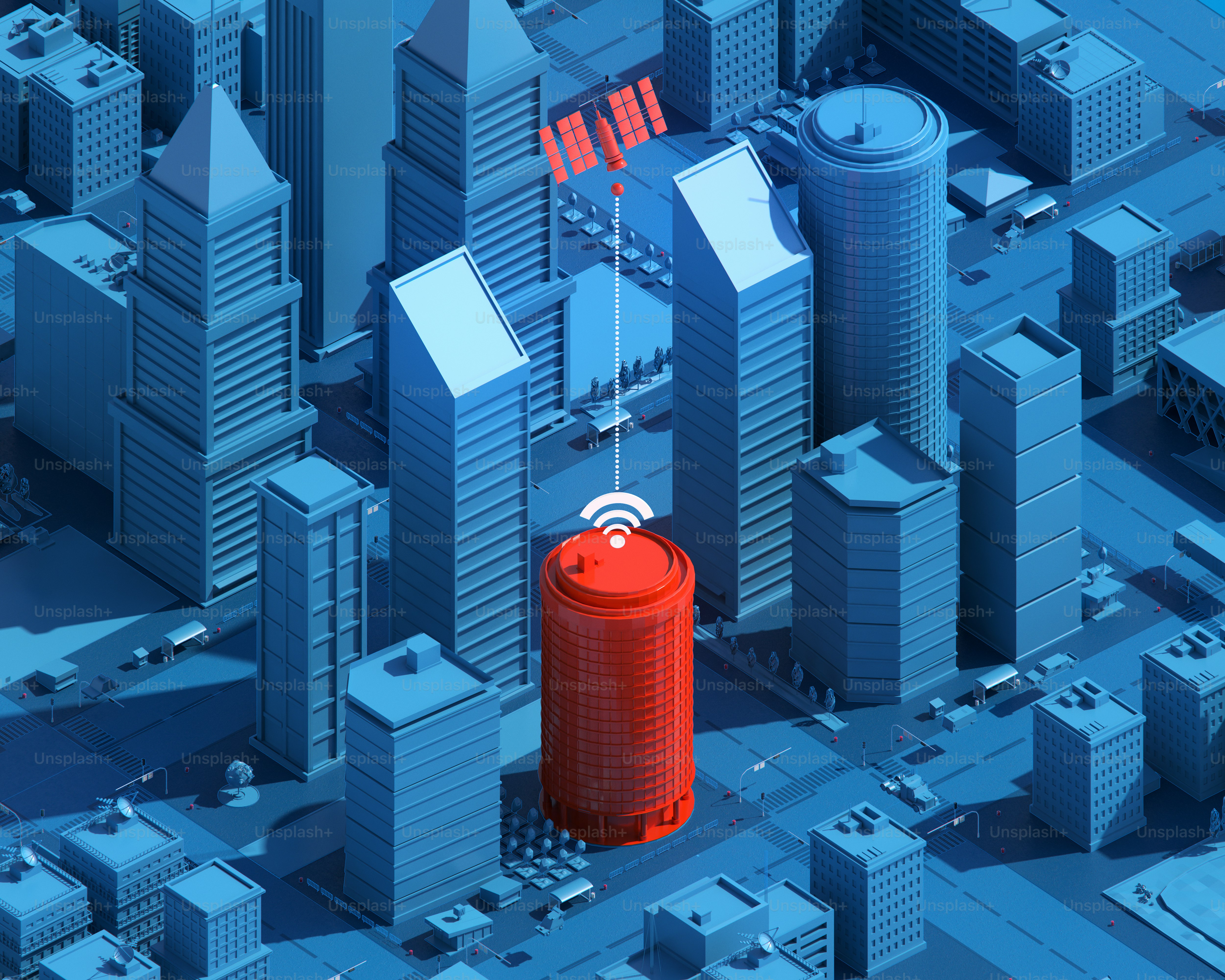 A red tower broadcasts a wireless signal over a city.