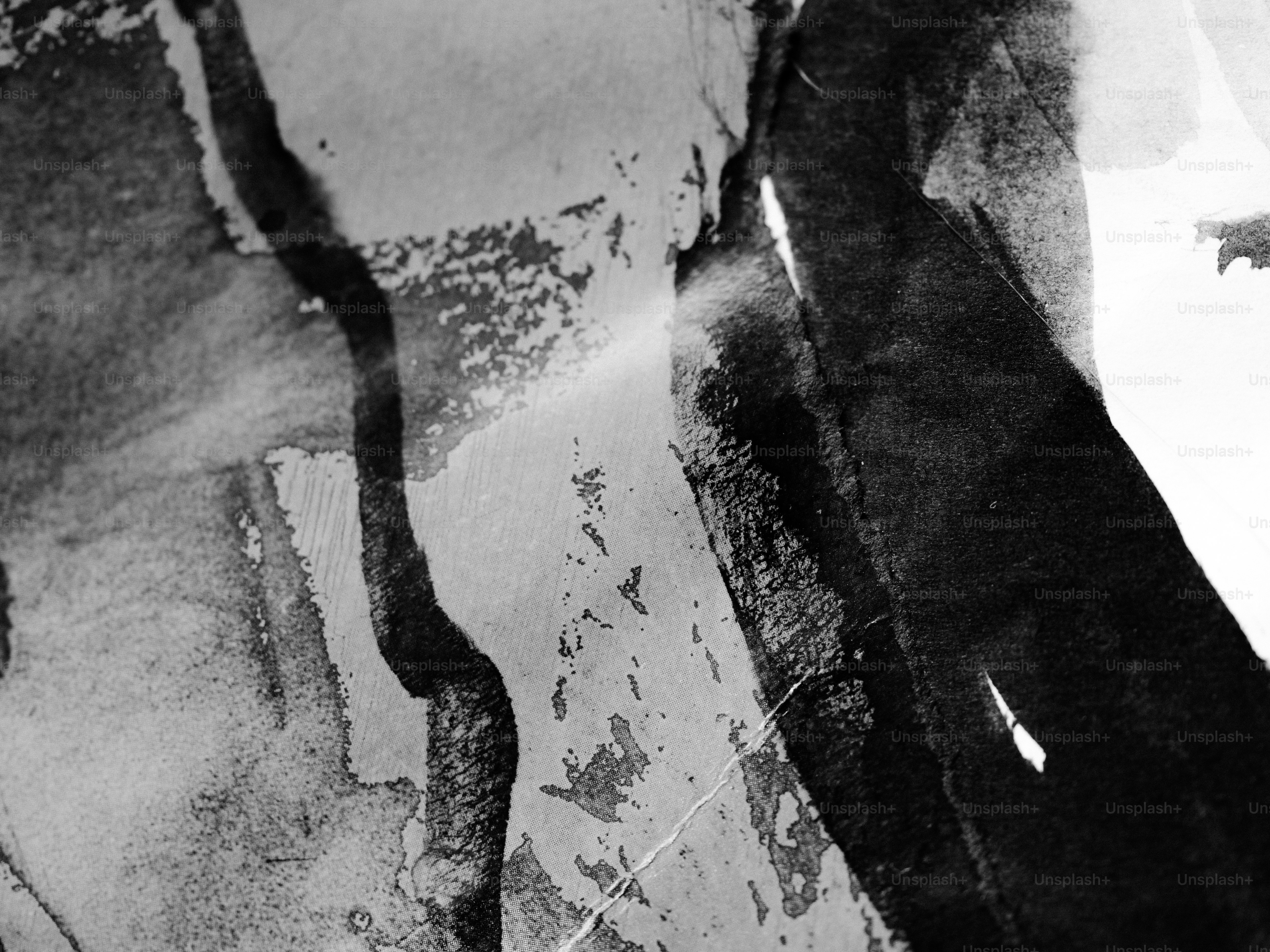 Abstract black and white painting with rough textures.