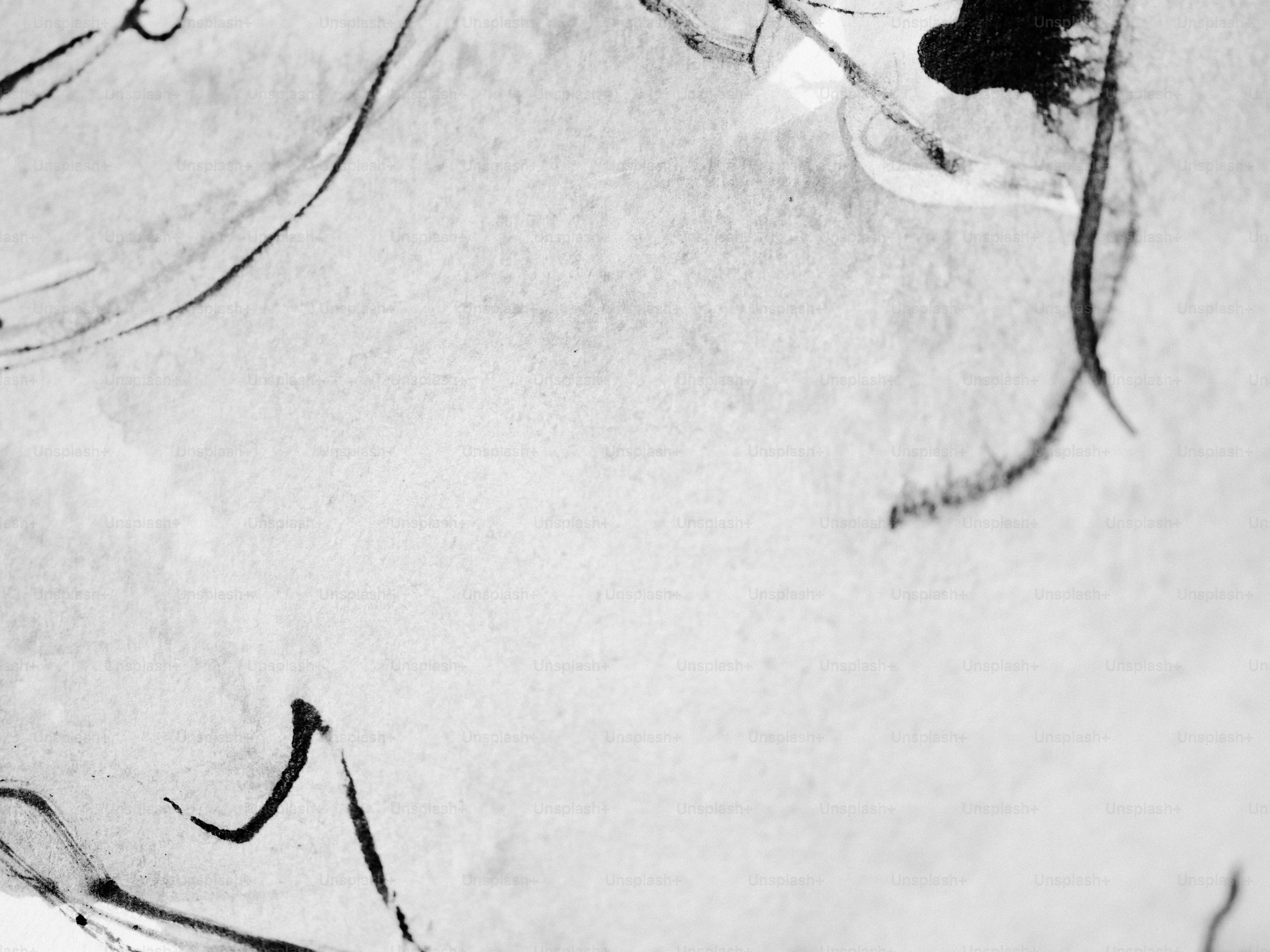 Abstract black and white ink drawing with swirling lines.