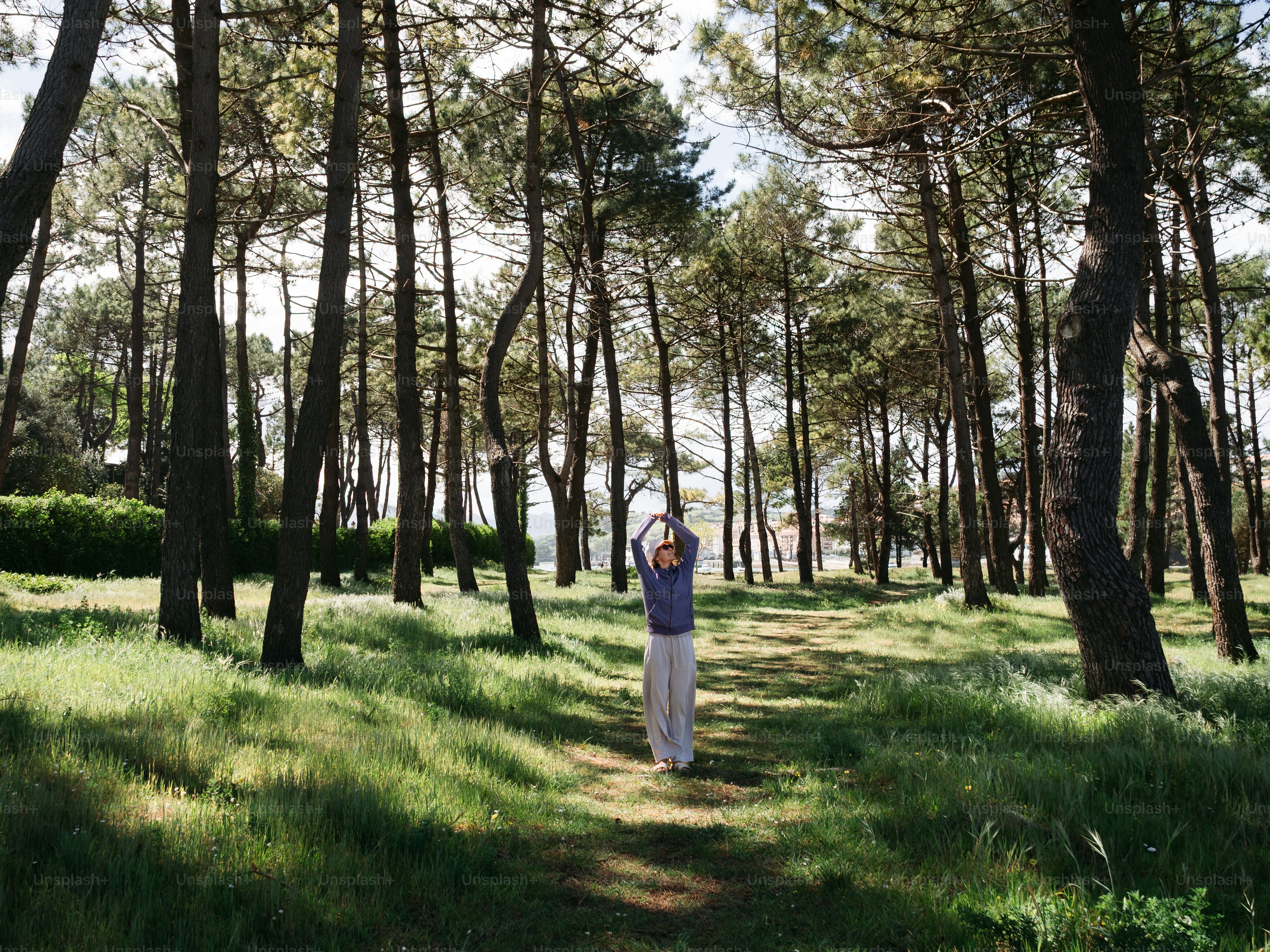 La mujer se estira en el tranquilo bosque.