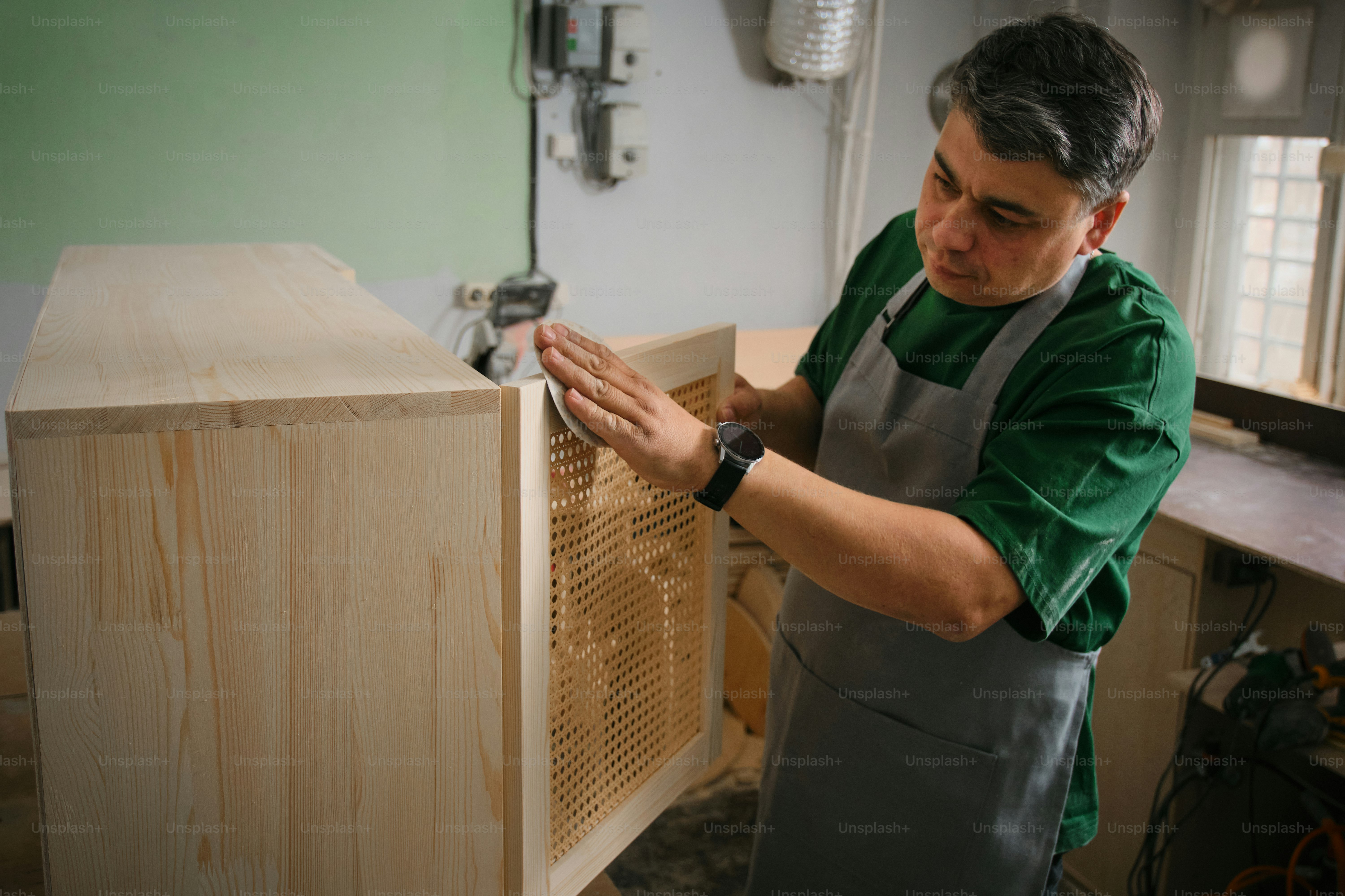 A carpenter sands wood furniture.