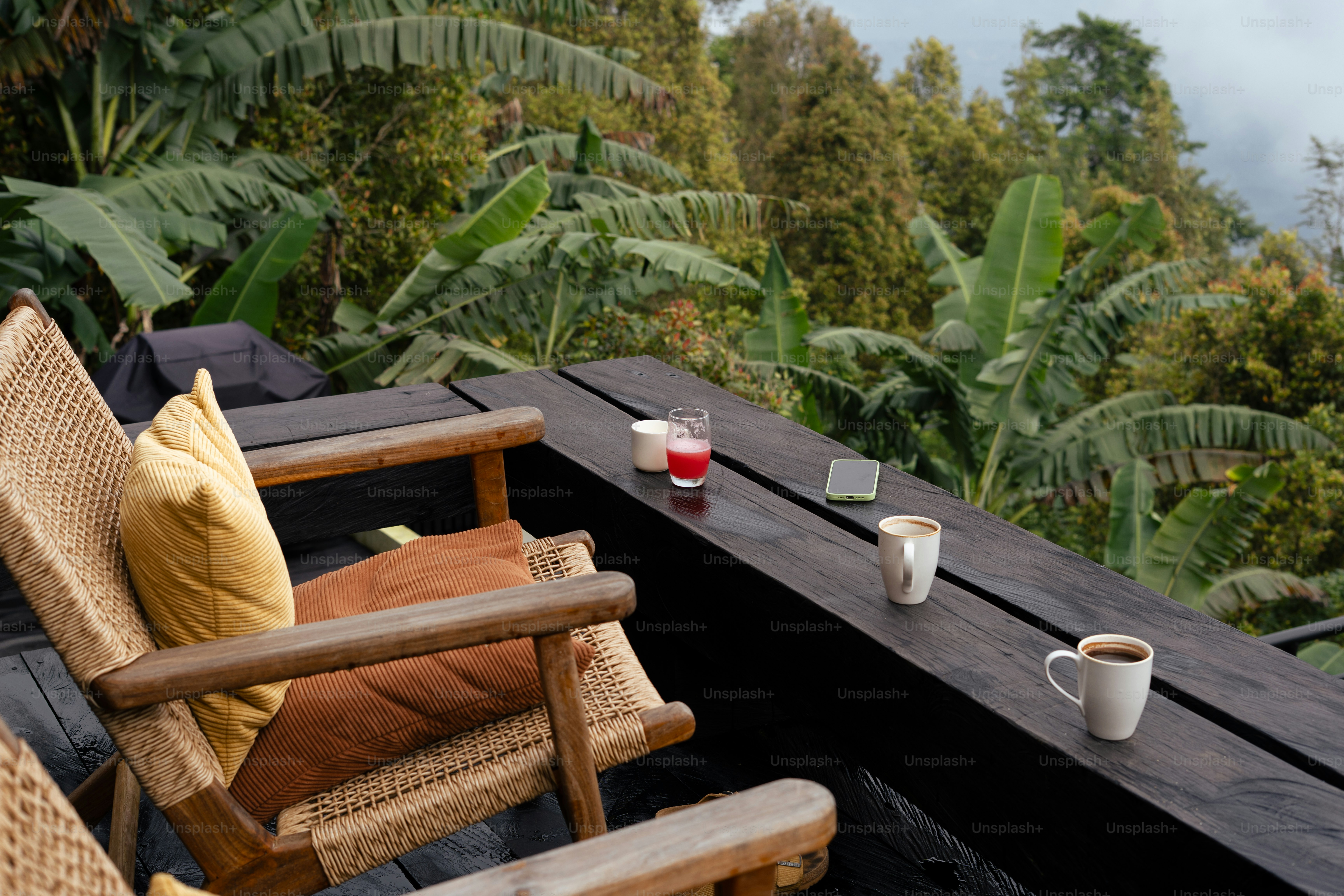 A relaxing morning on the deck, overlooking nature.