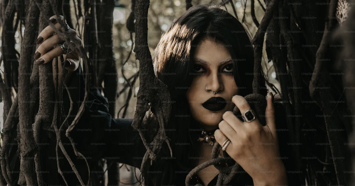 A gothic woman poses behind tree roots. photo – Fashion Image on Unsplash