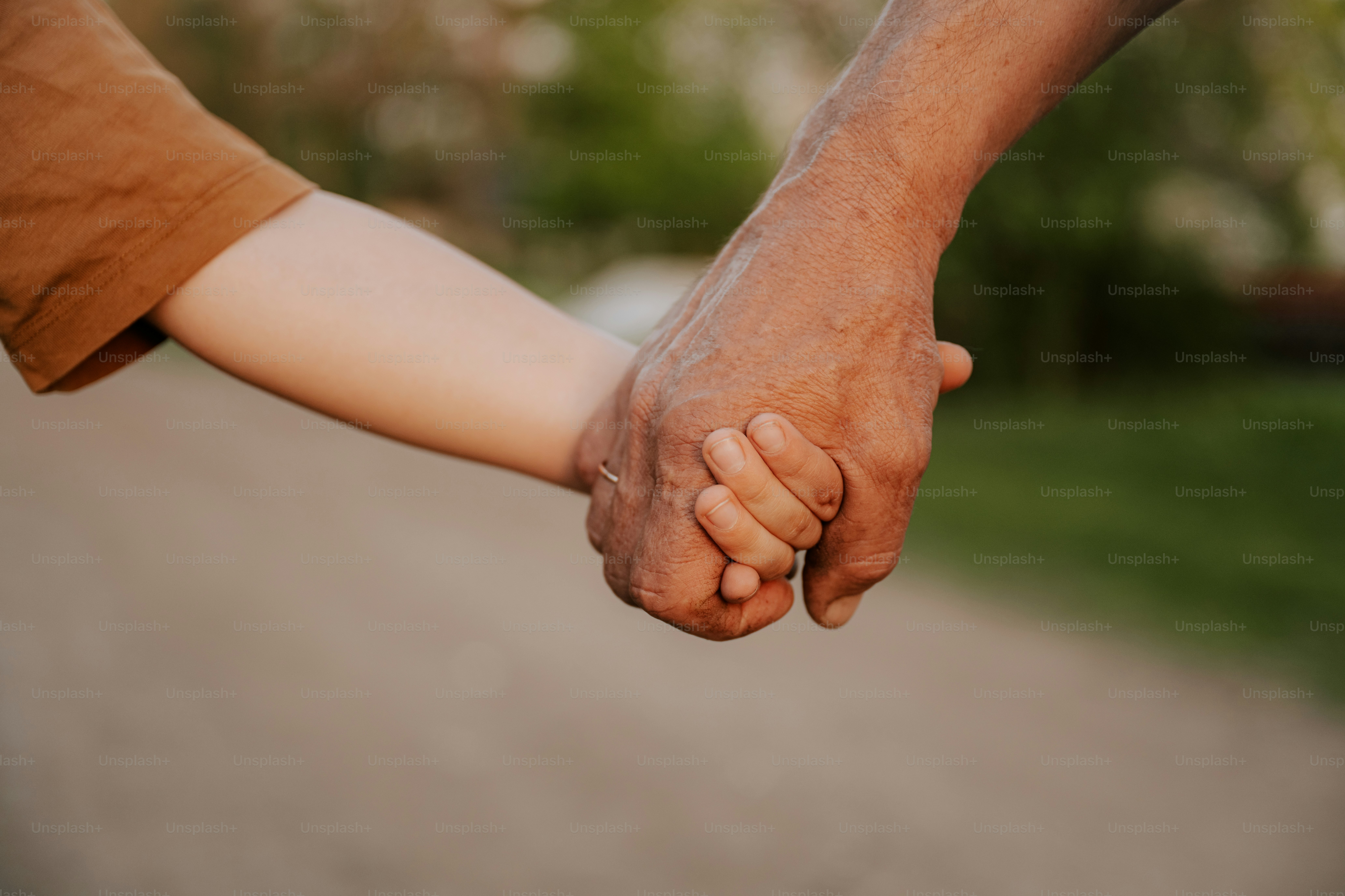 Grandparent and child hold hands.