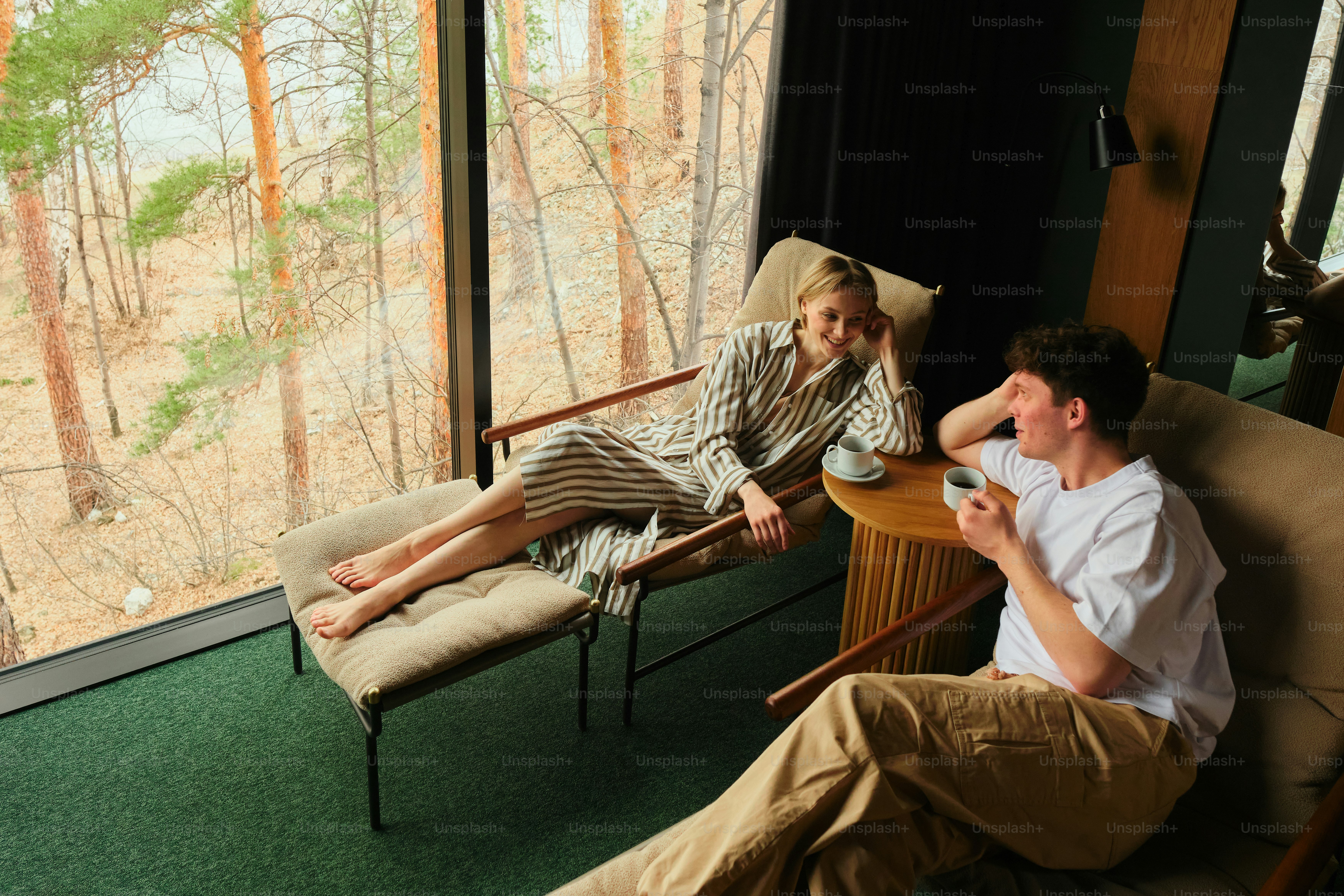 Couple relaxes inside, enjoying forest views.