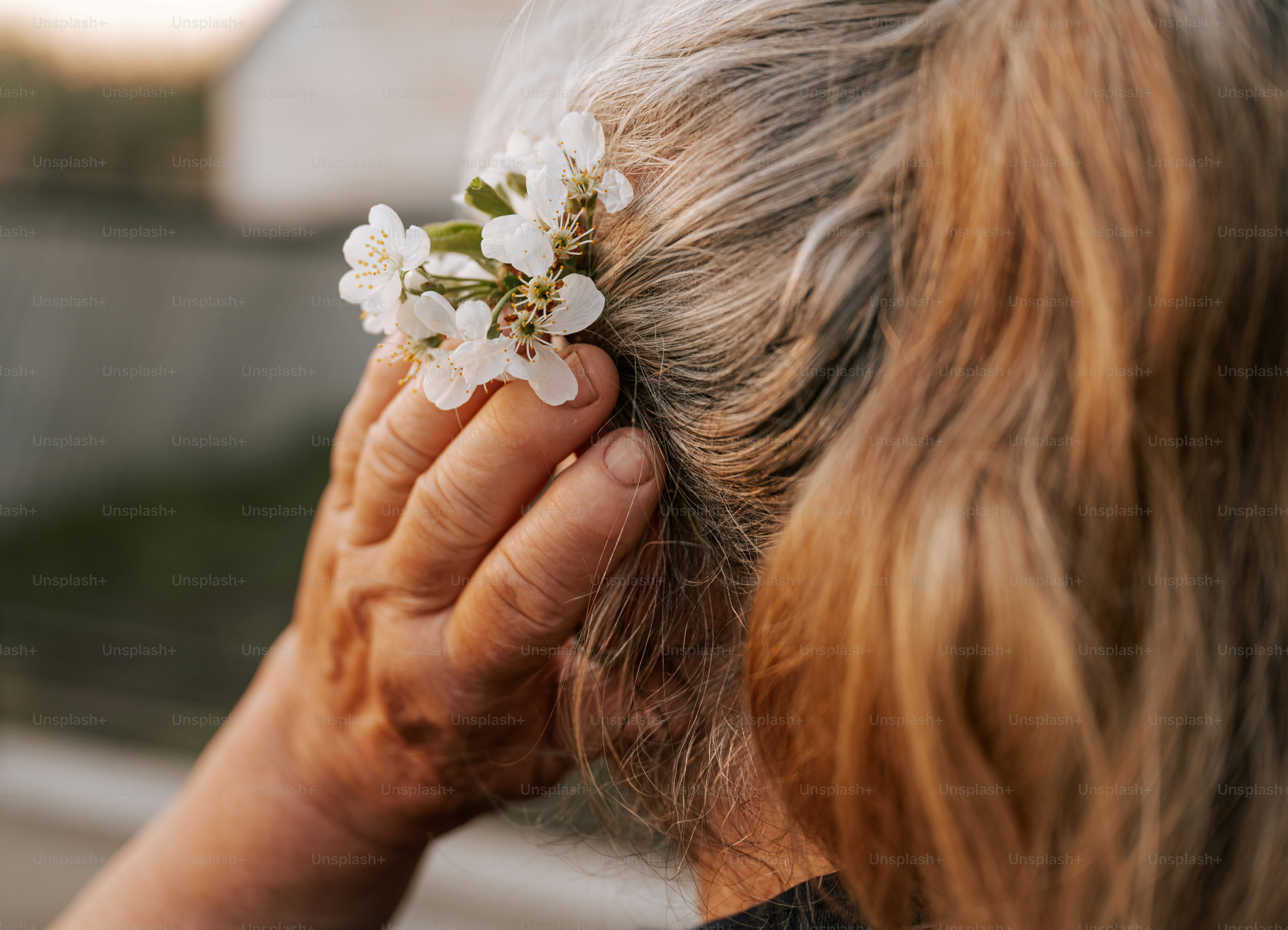 Das Haar einer Frau, das mit weißen Blumen geschmückt ist.