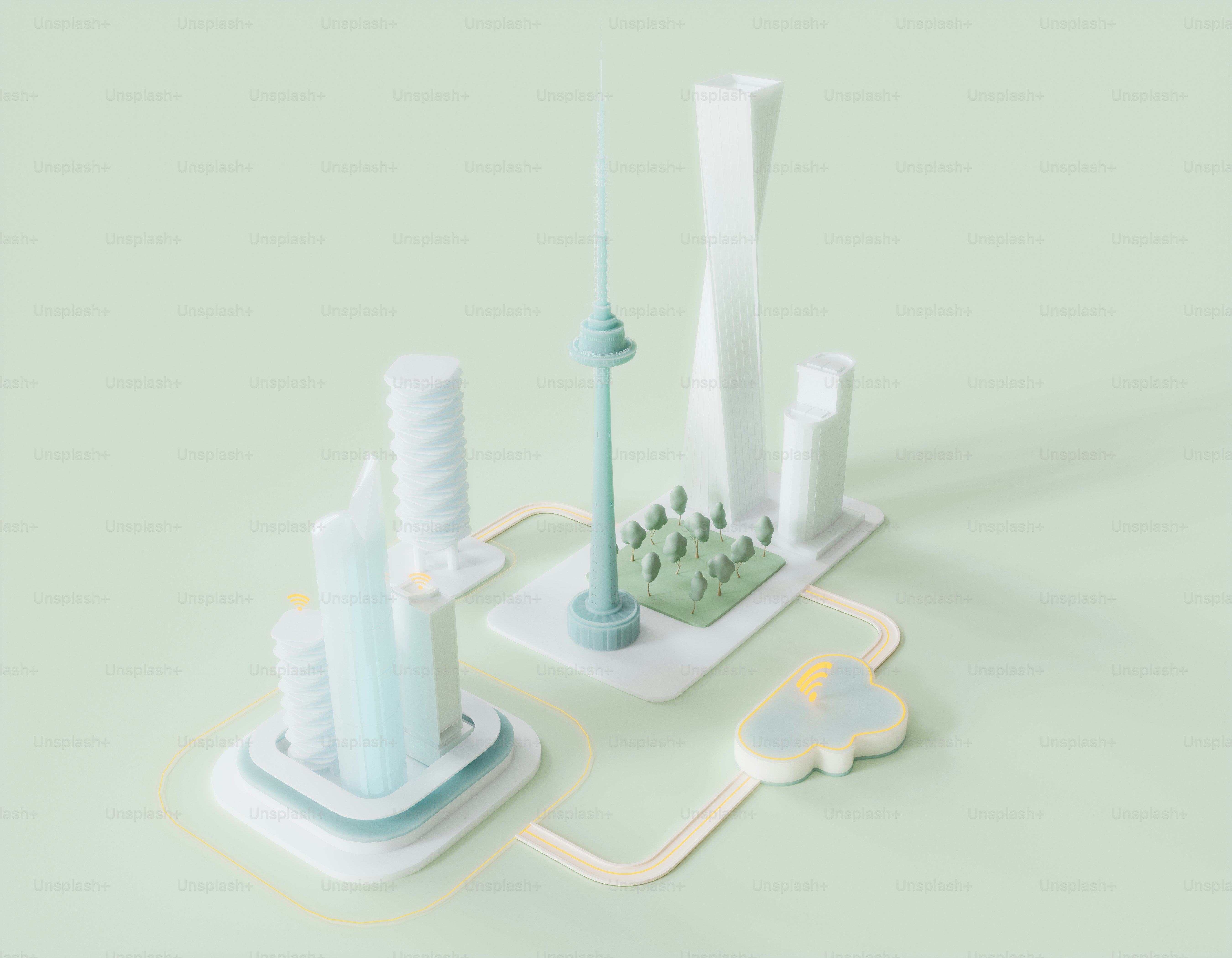 A stylized cityscape with interconnected buildings and a car.