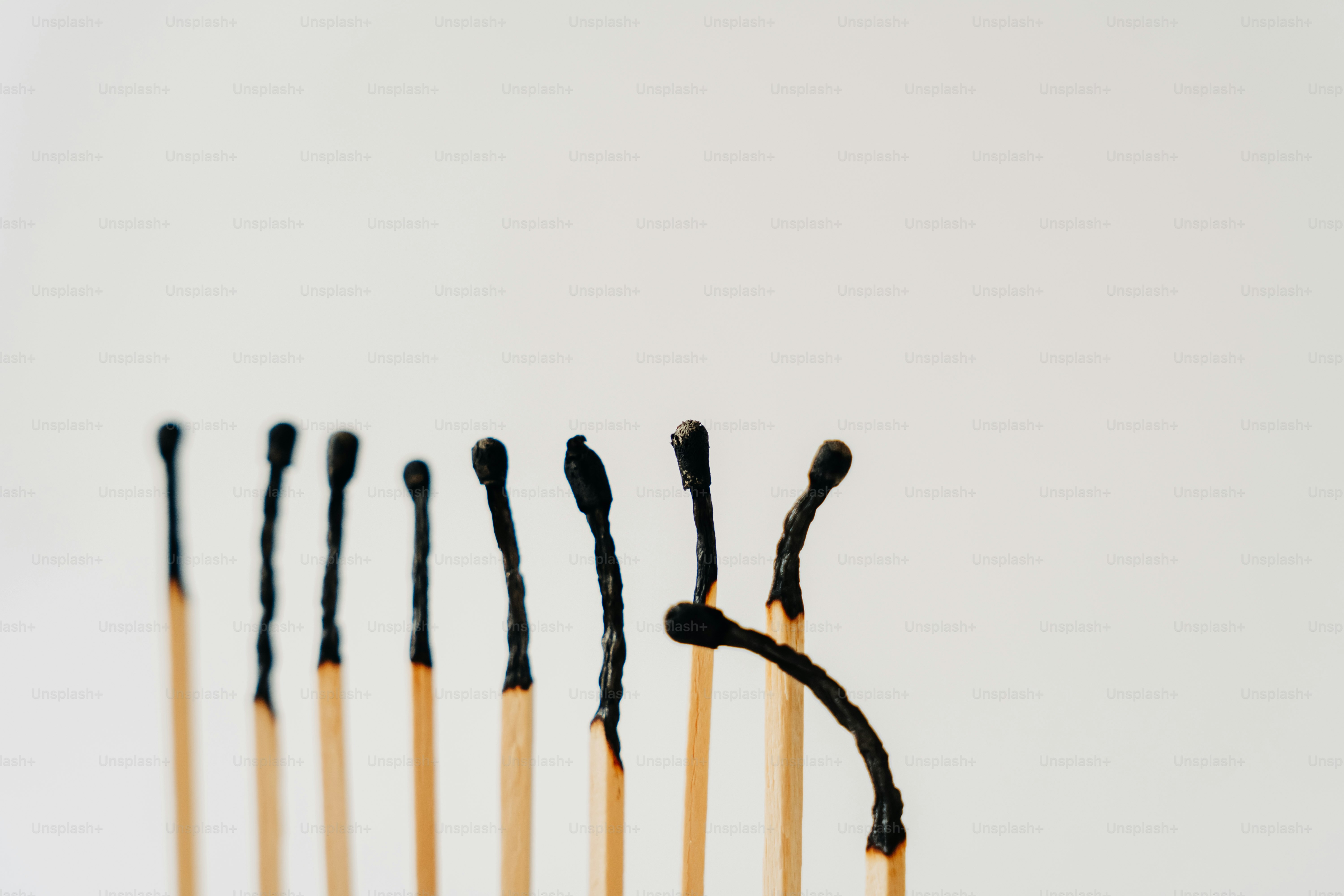 Burnt matches stand against a white background.