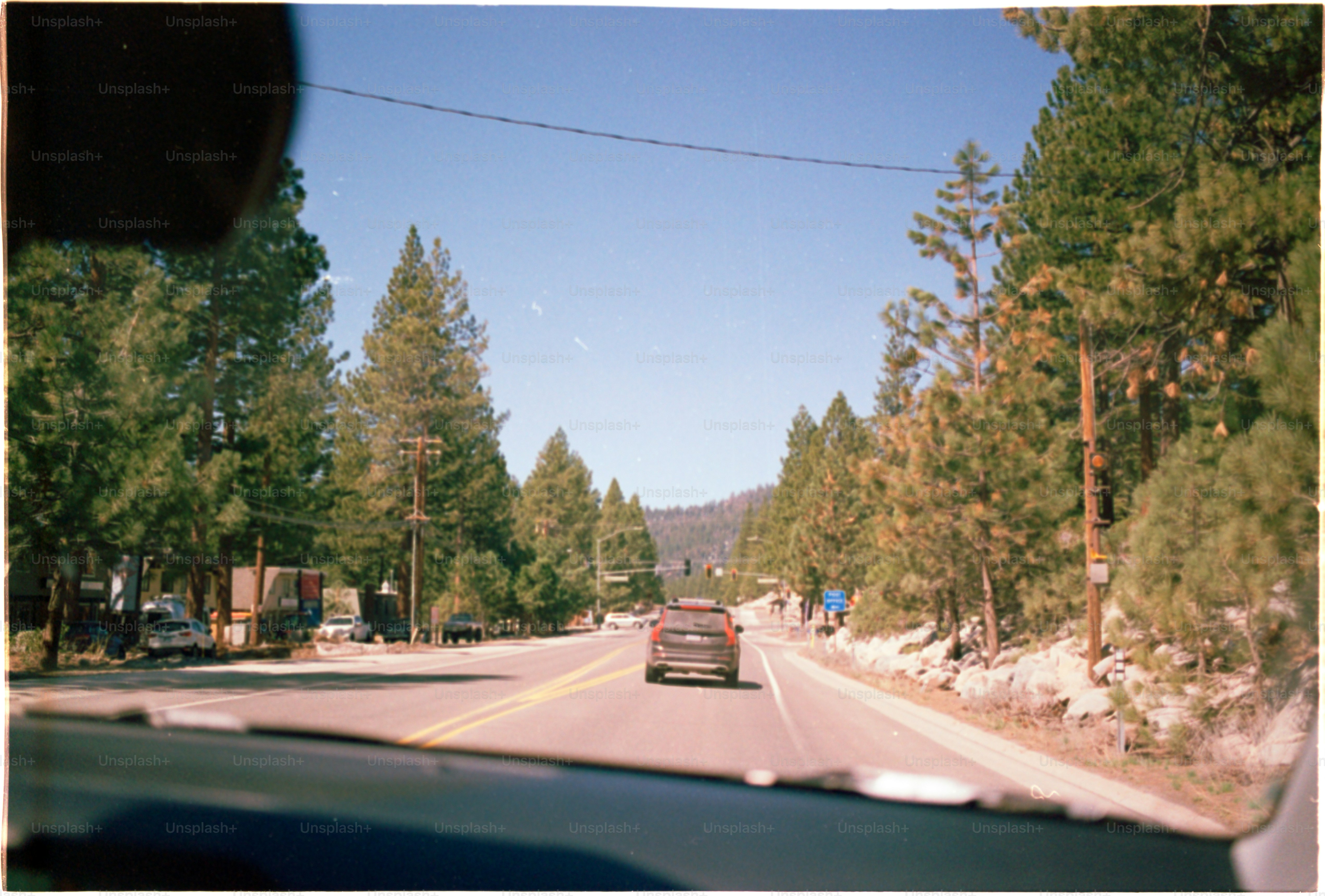 A car drives down a road lined with trees.