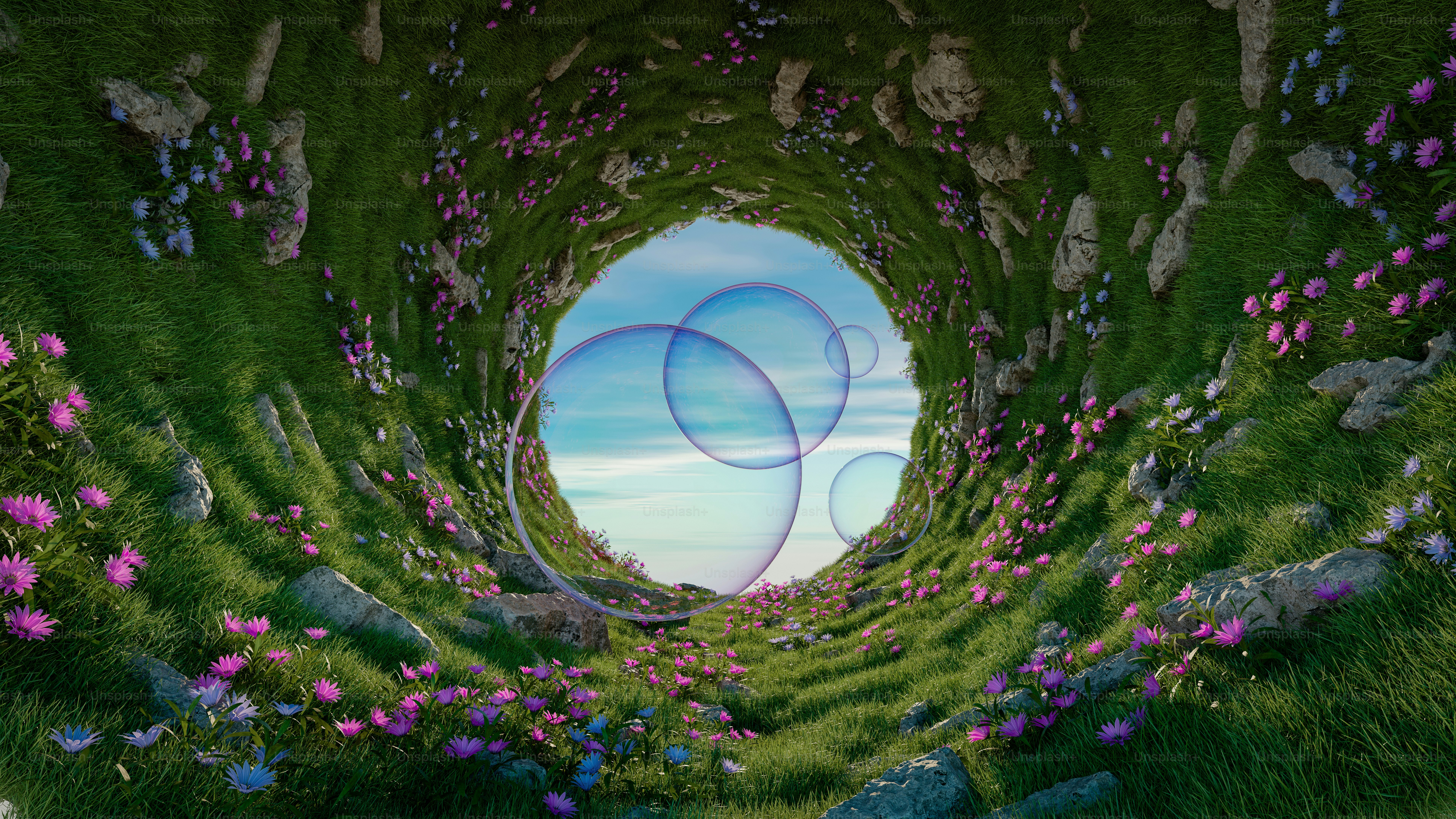 A grassy tunnel opens to a sky filled with bubbles.