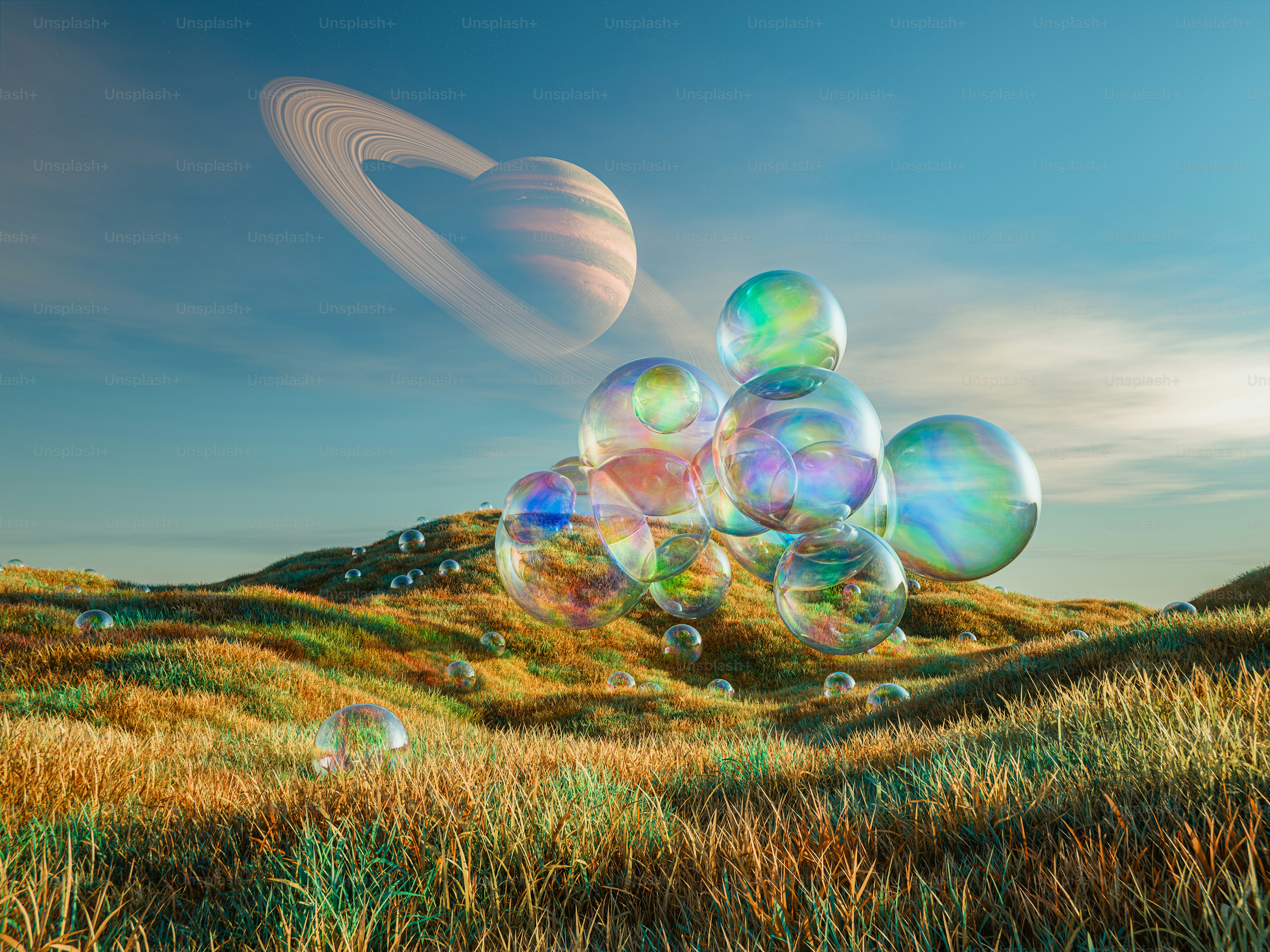 Las burbujas flotan sobre un paisaje con Saturno. foto – Imagen de Espacio  en Unsplash, image size:3000x2250