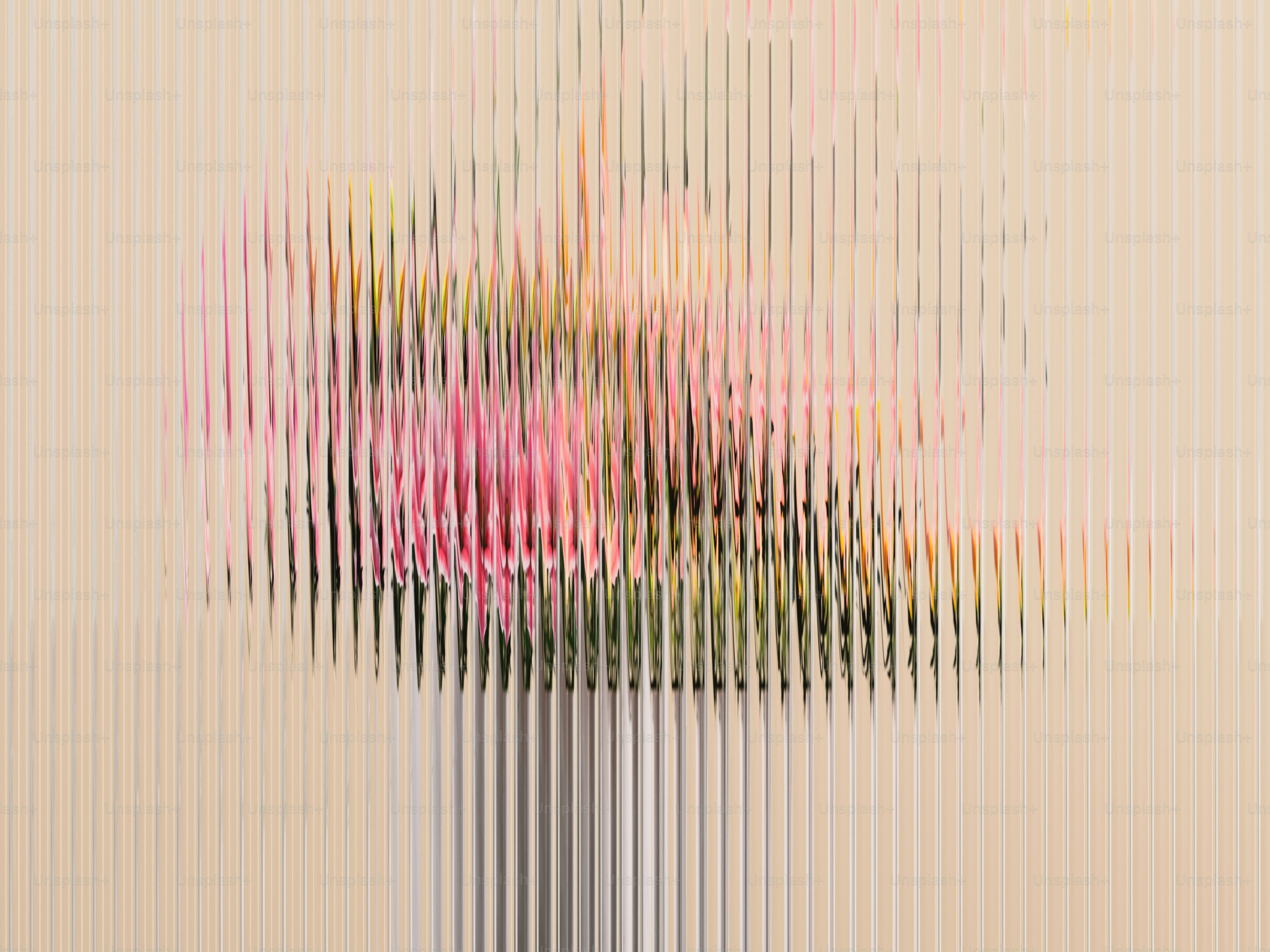 Flowers in a vase, viewed through vertical lines.