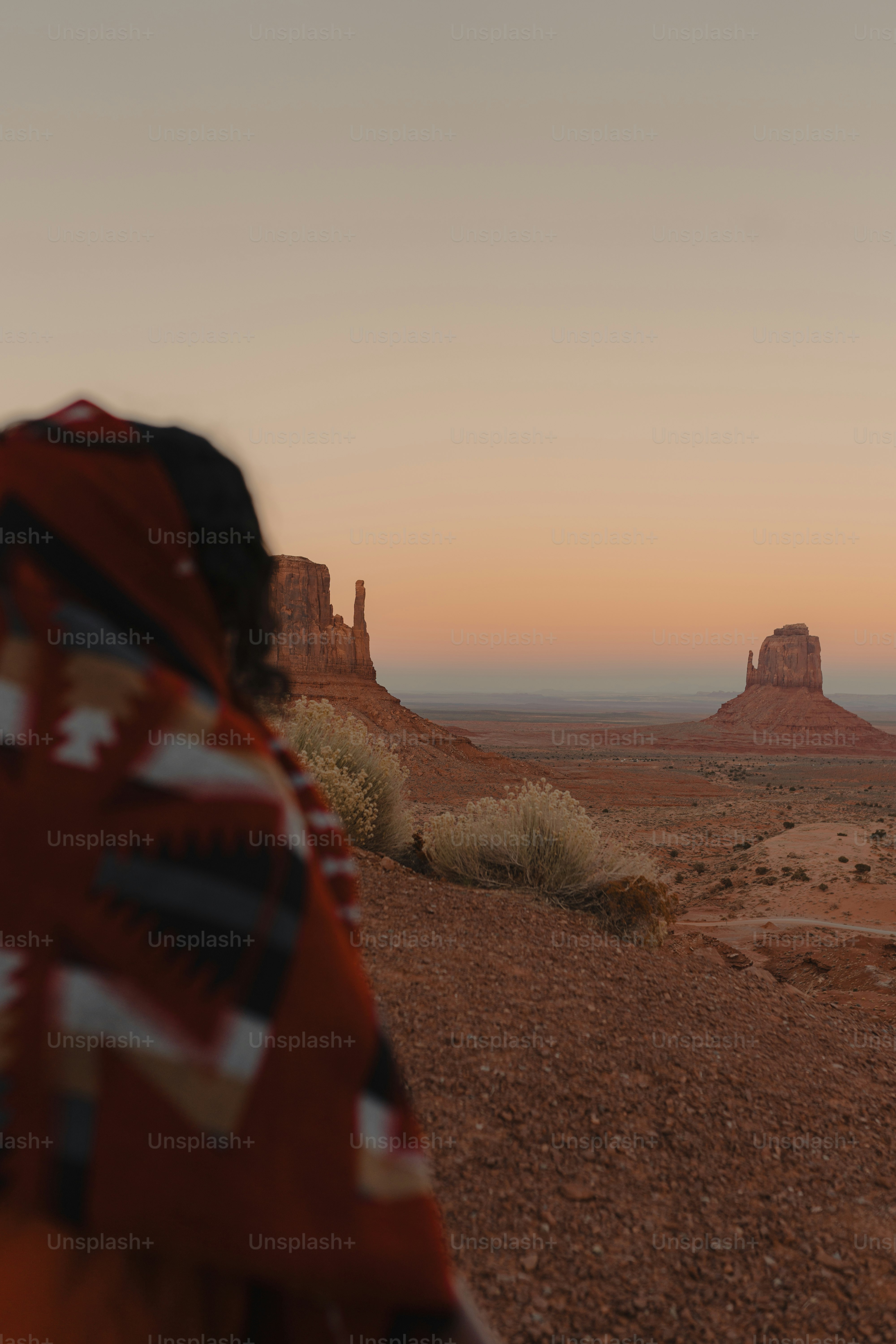 Person views monument valley at dusk.