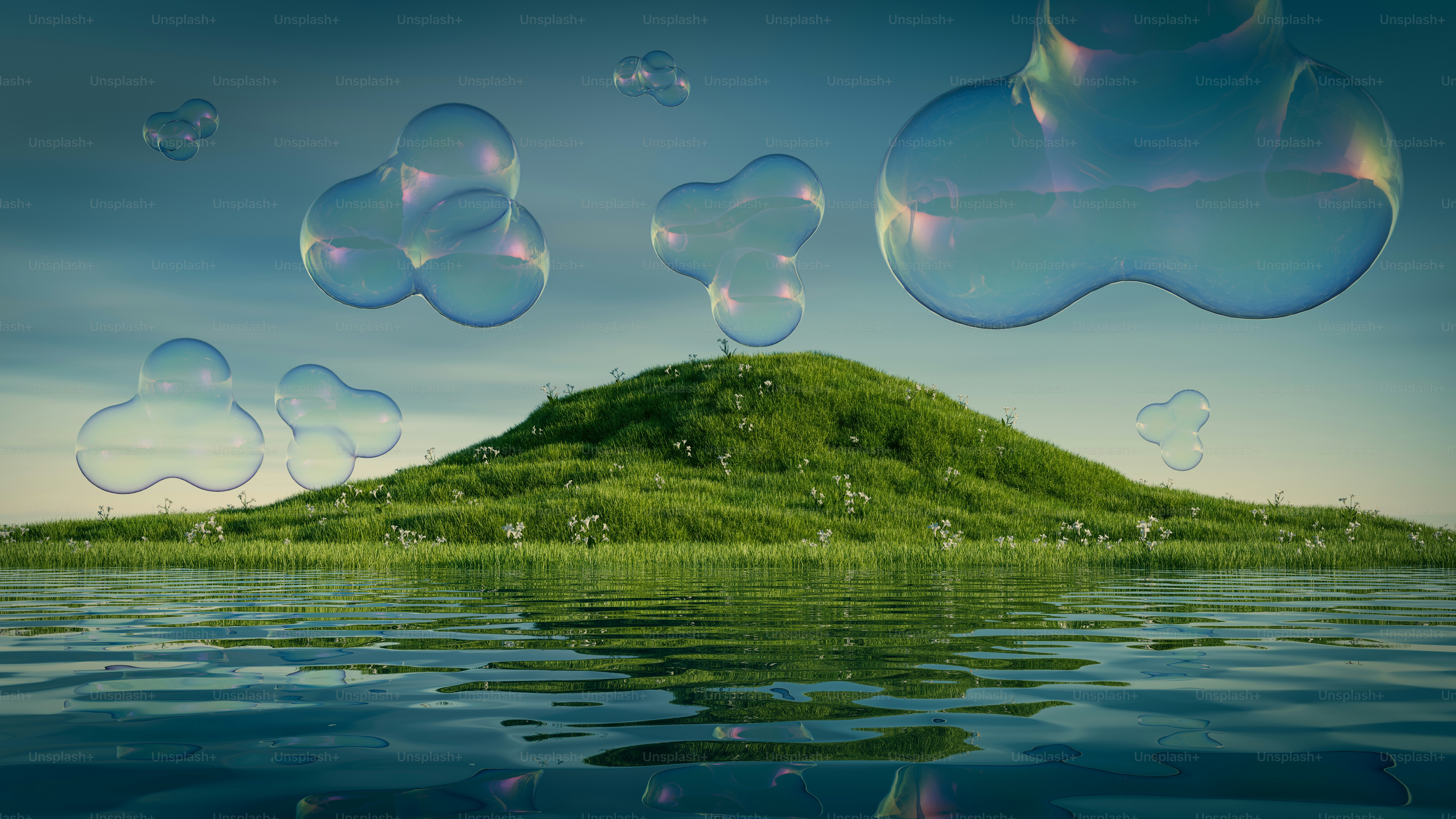 Bubbles float above a green hill and water.