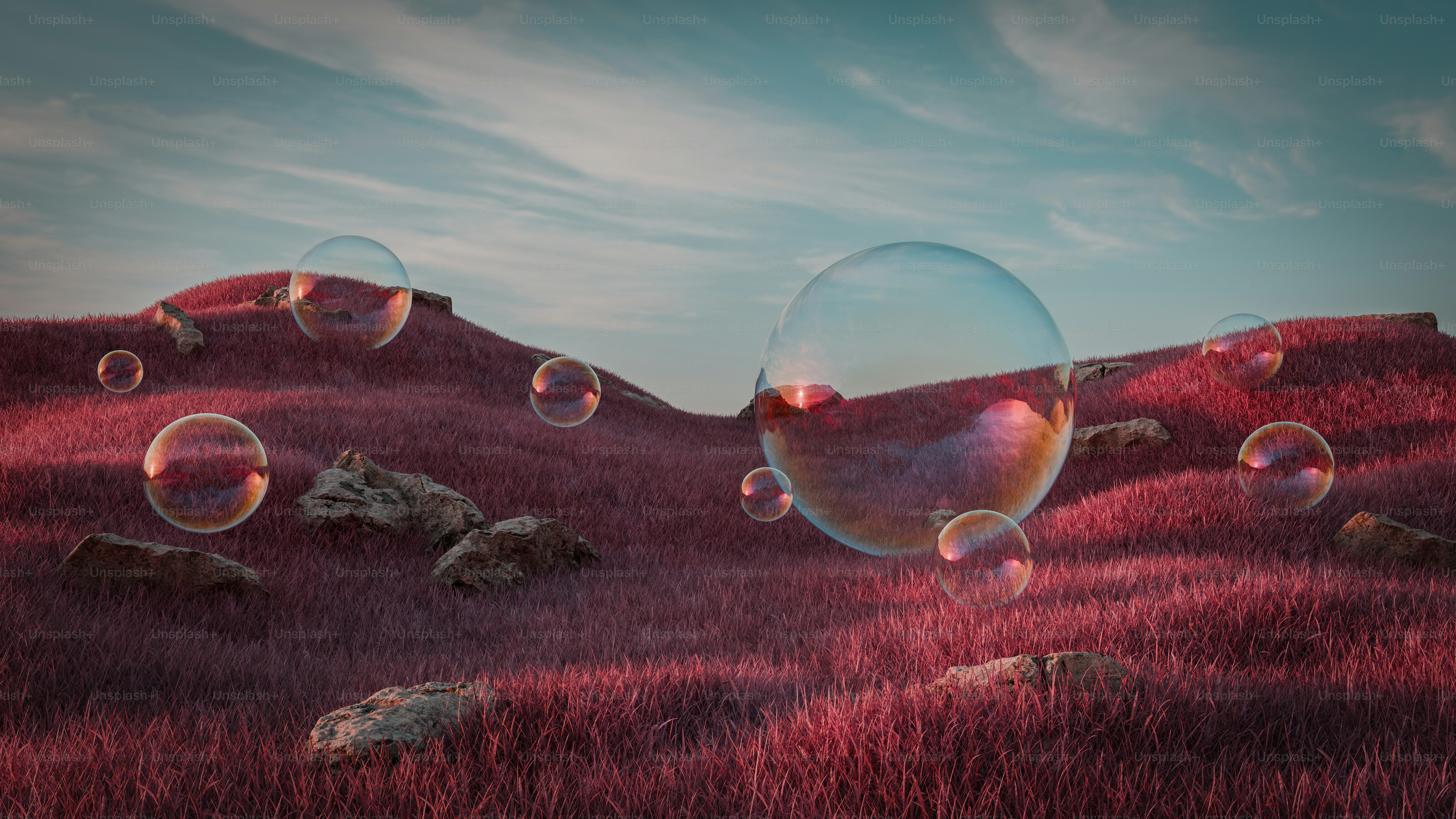 Bubbles float over a surreal, pink landscape.