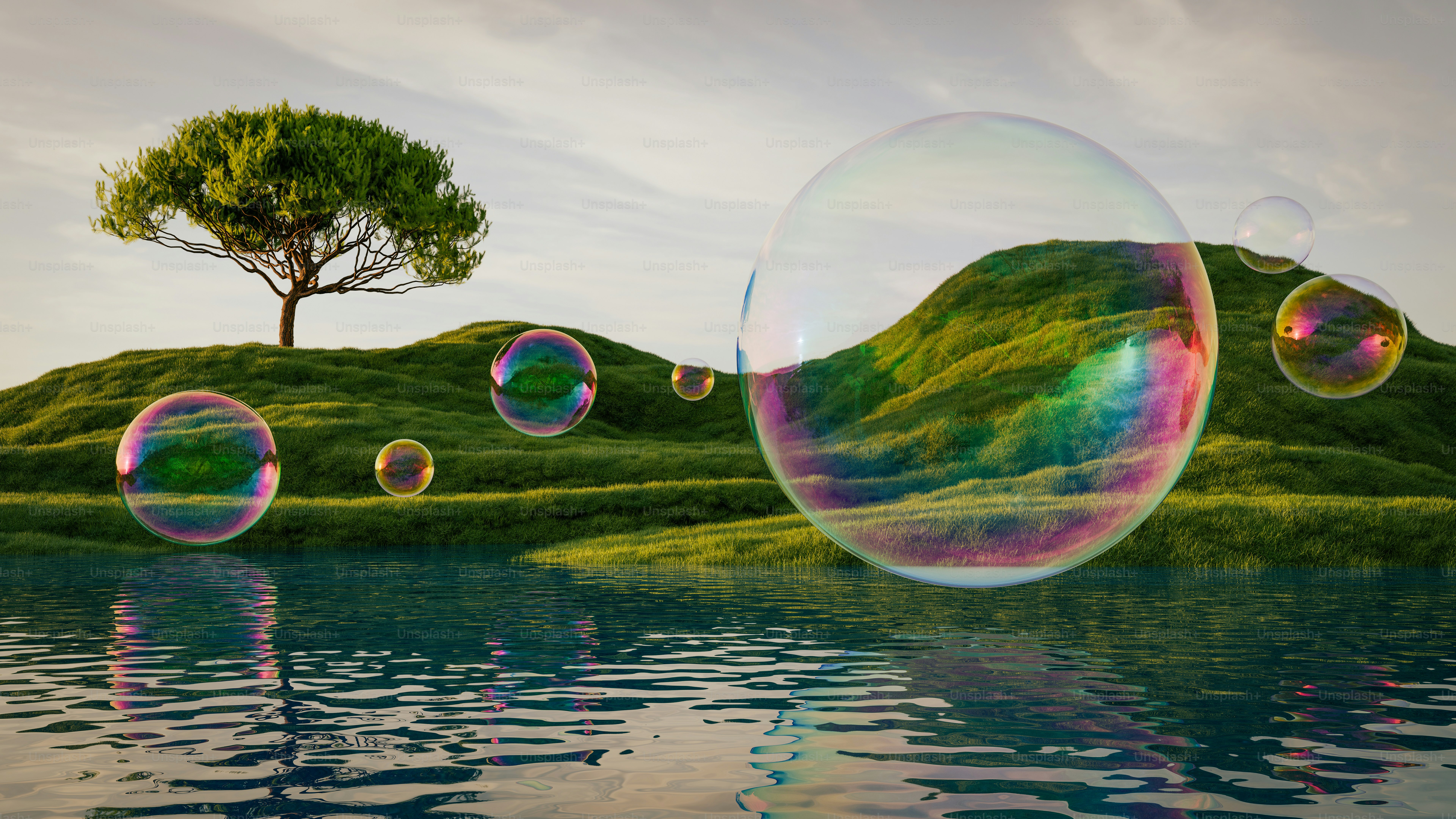 Bubbles float over a landscape with a body of water.