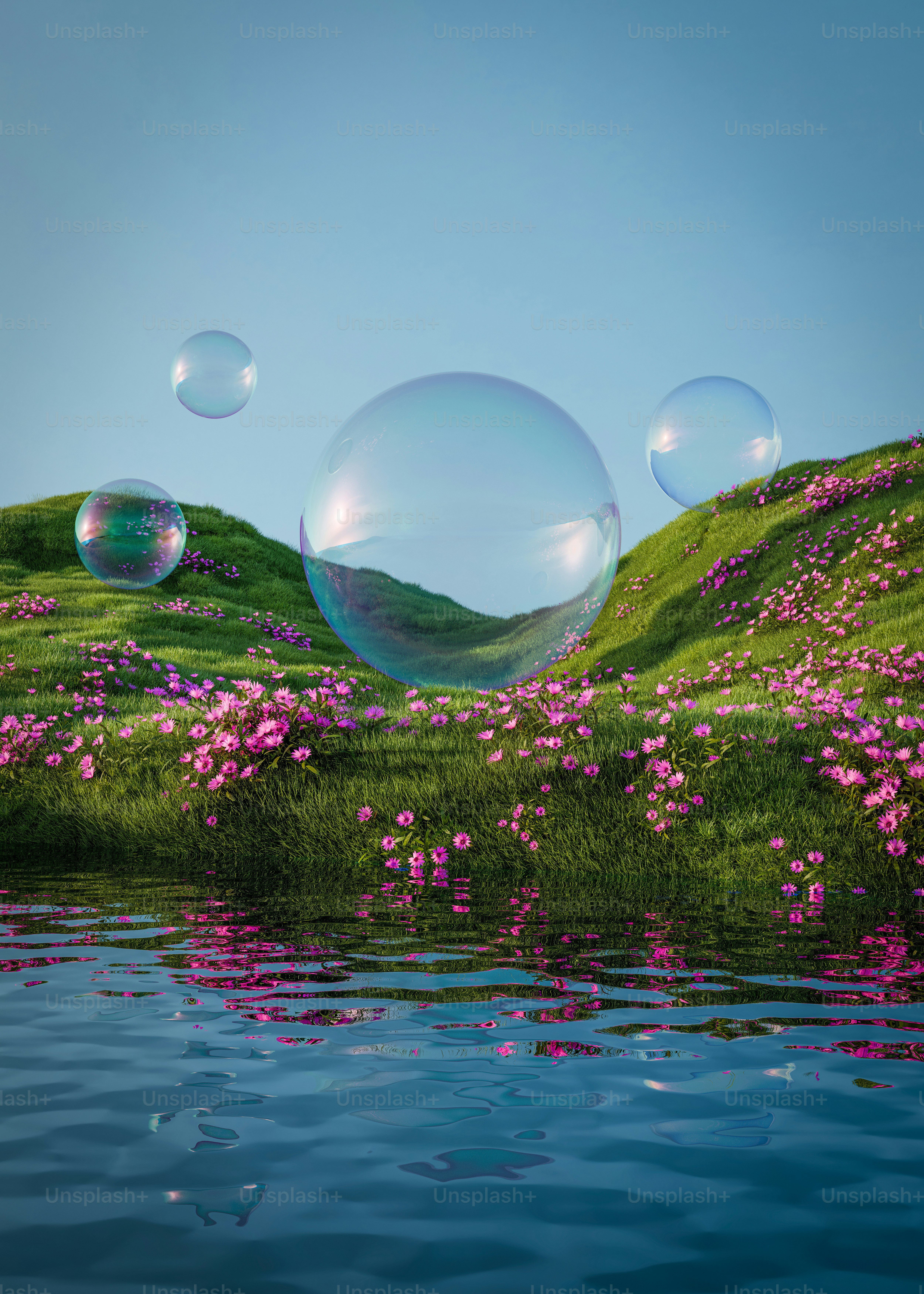 Bubbles float over a vibrant, floral landscape.