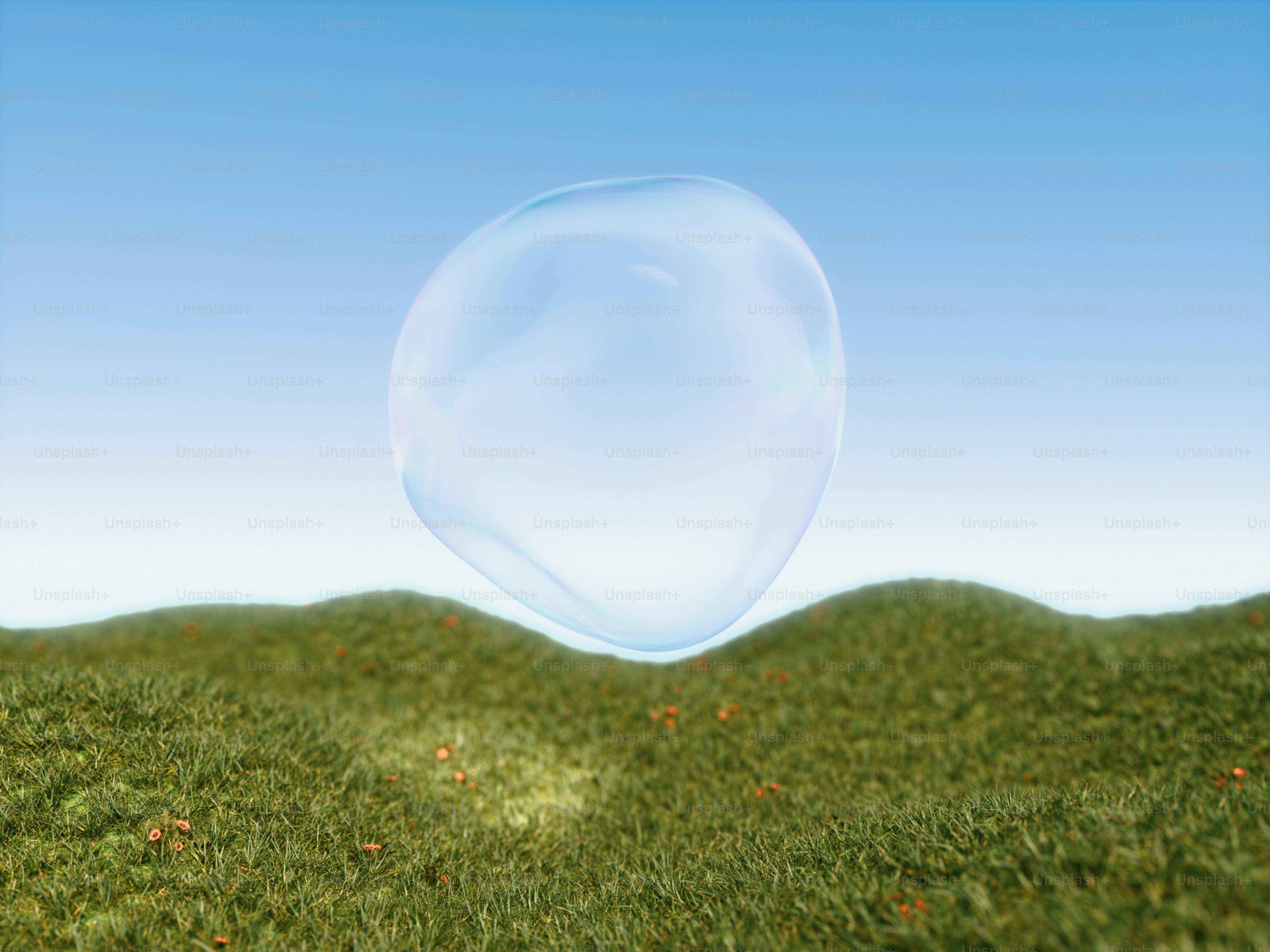 A large bubble floats above the grass.