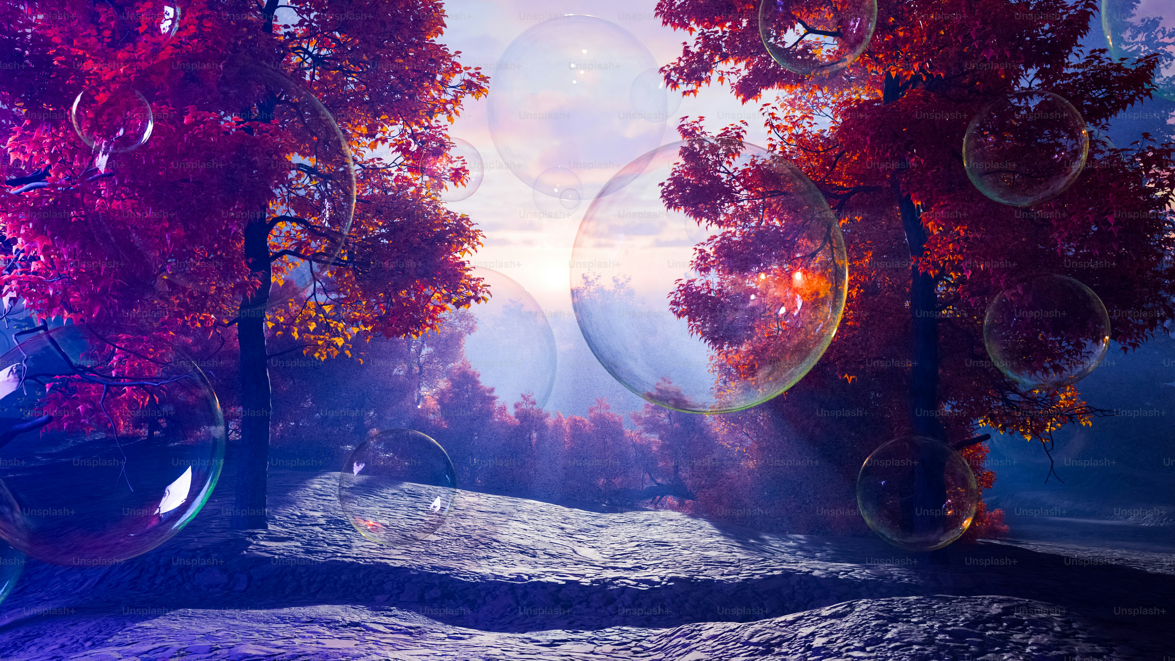 Bubbles float by trees in a colorful landscape.