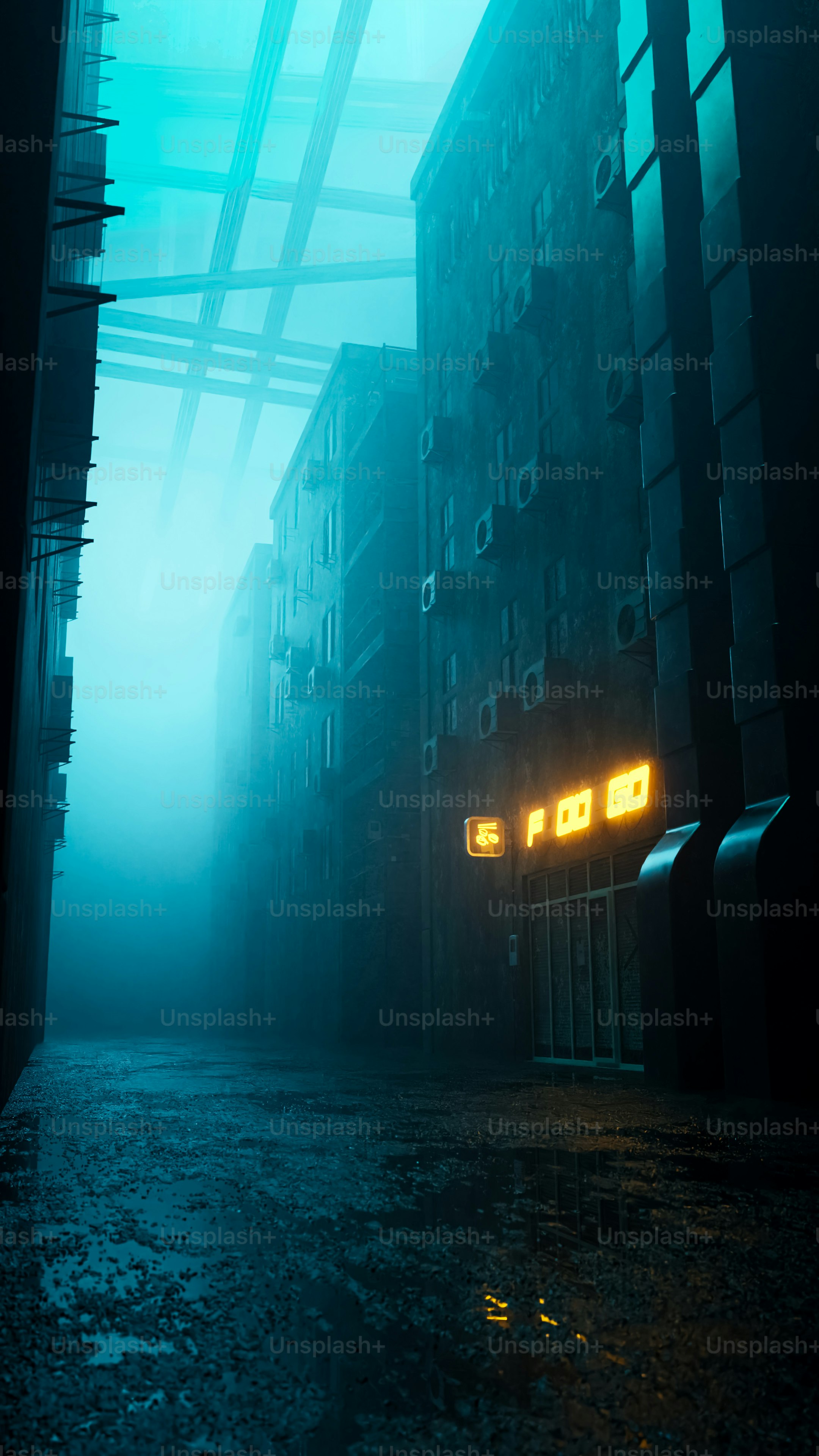 A dark, foggy alleyway with illuminated "food" sign