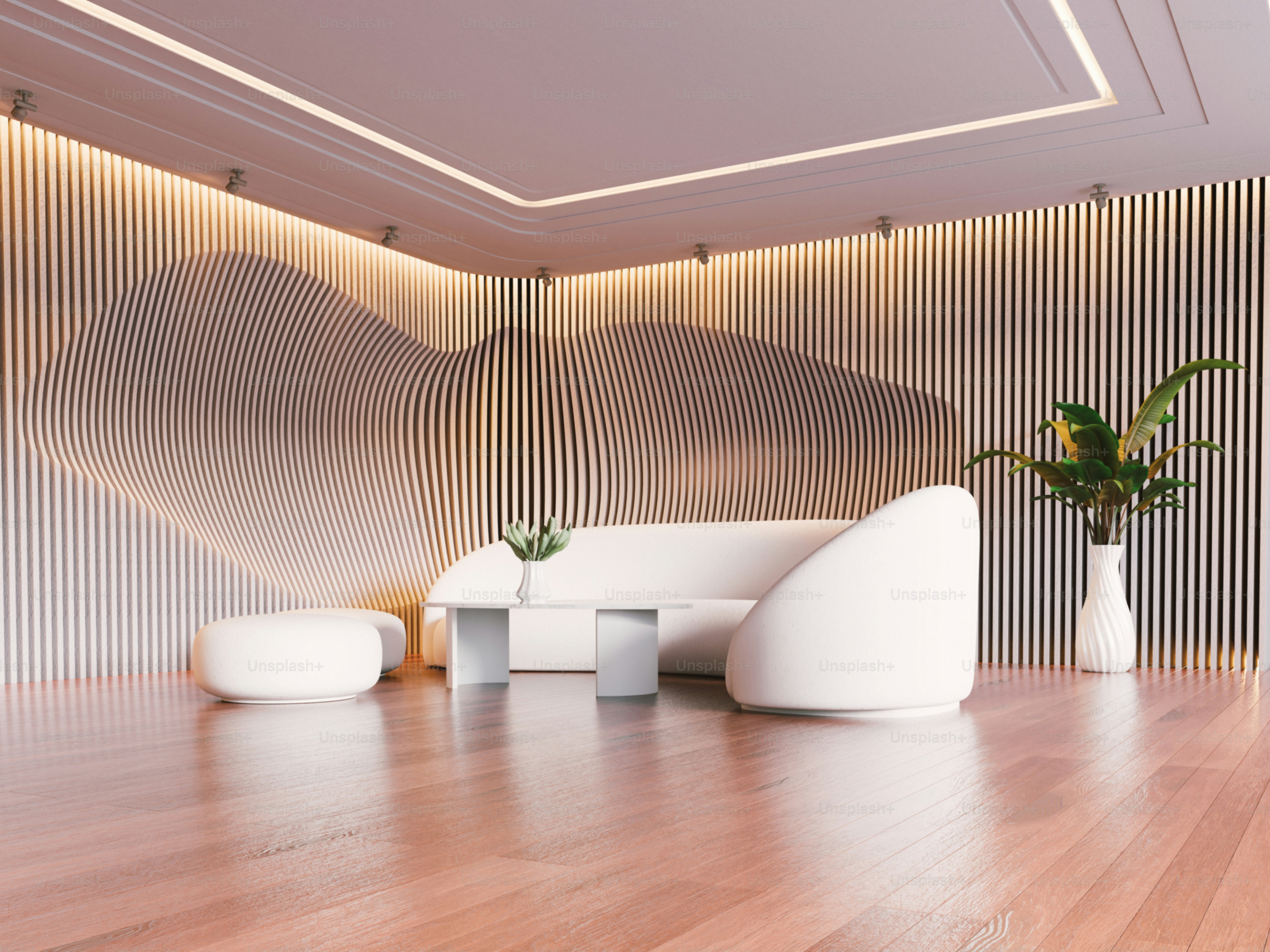A modern, minimalist living room with elegant design.