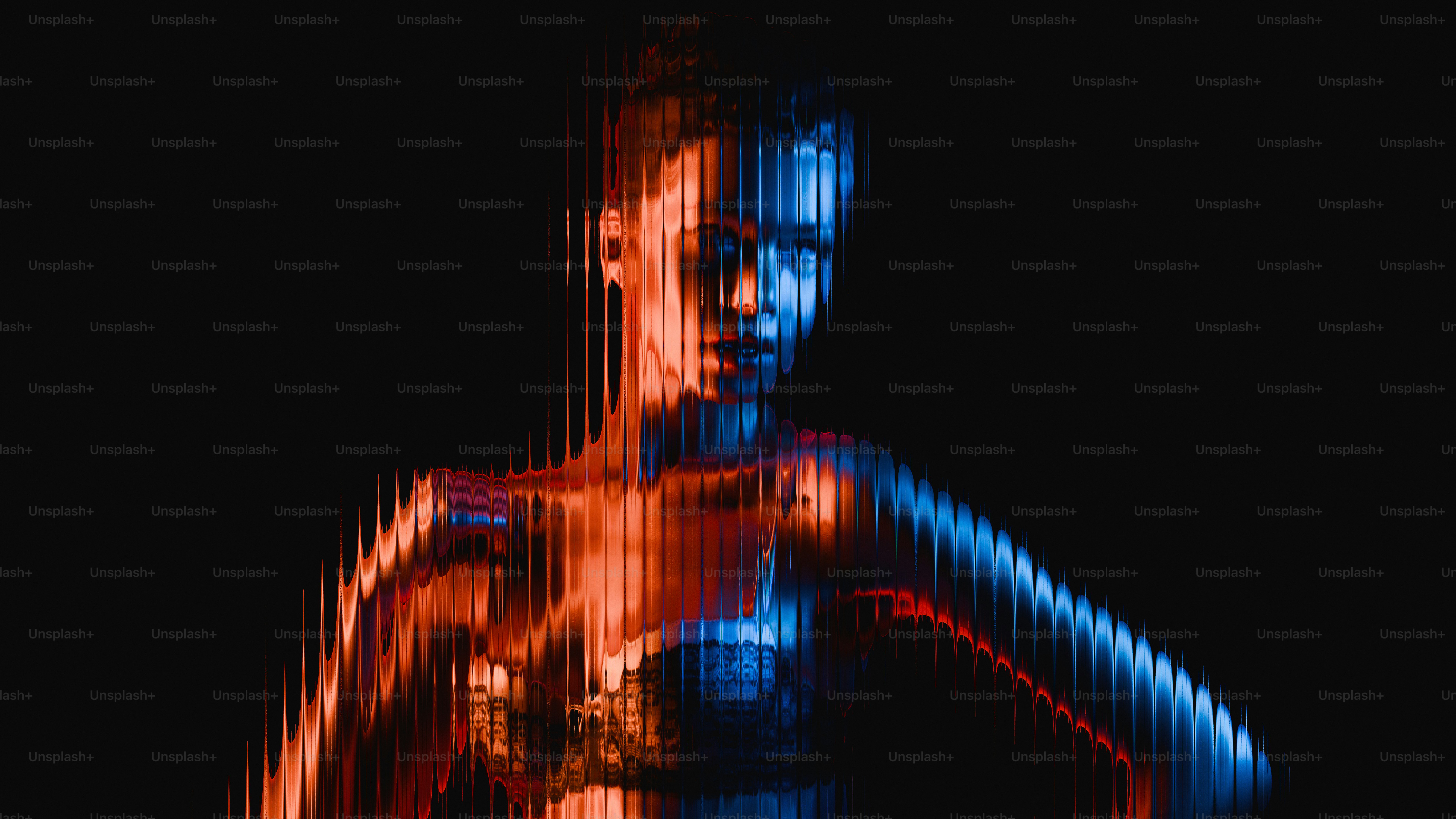 Woman's figure illuminated by red and blue lights.