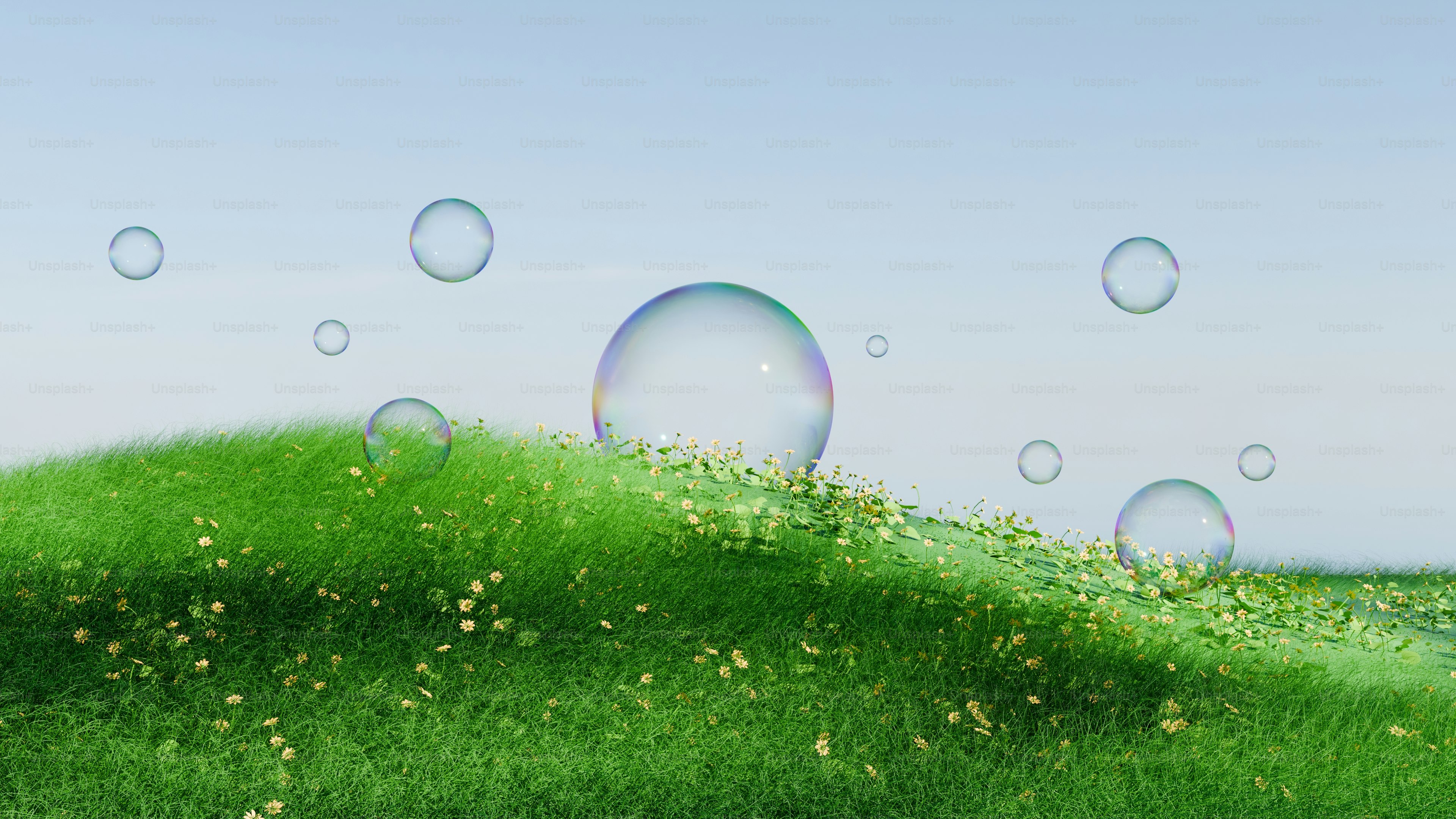 Bubbles float above a field of green grass. photo – Grass Image on Unsplash