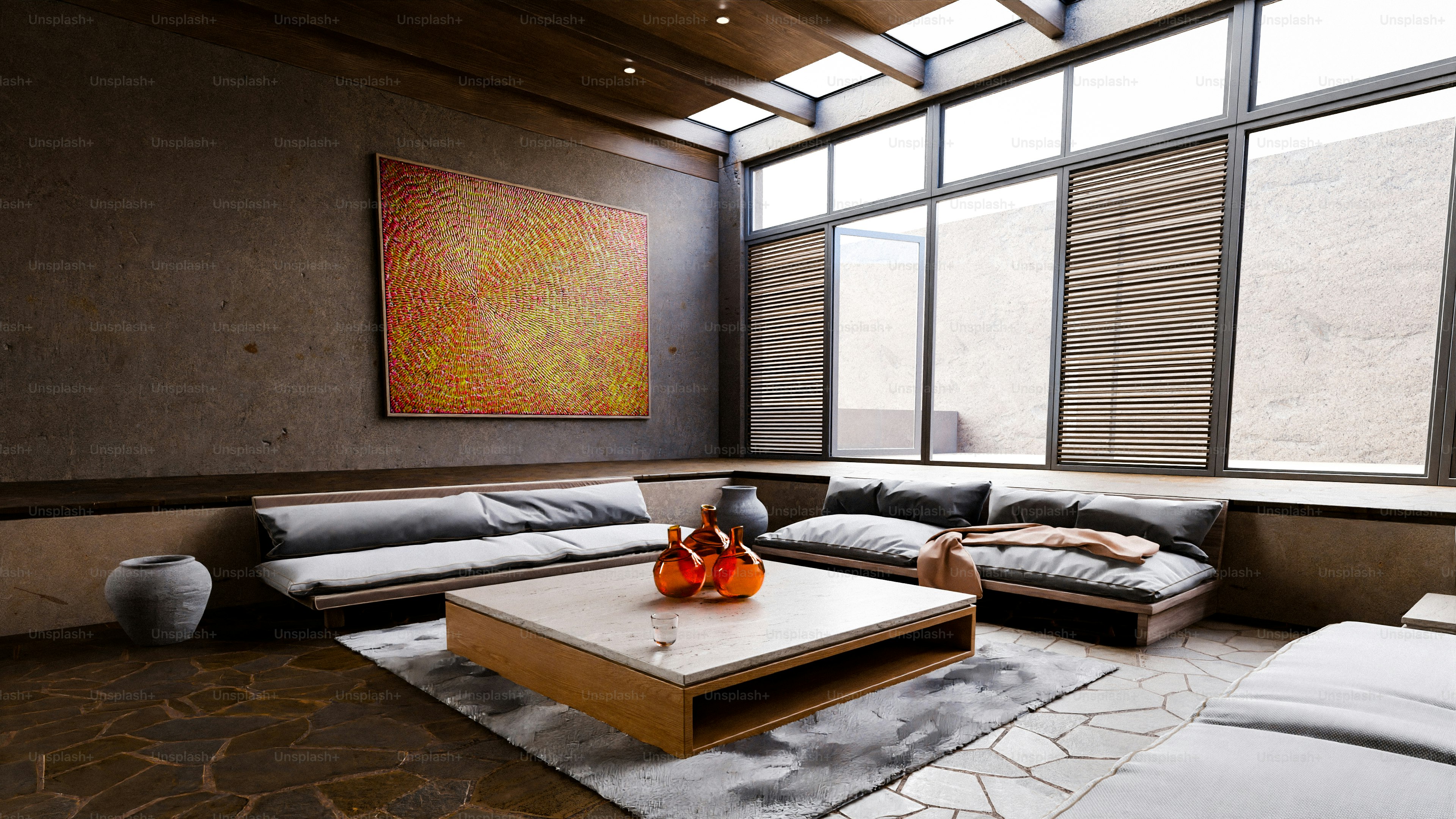 A modern living room with a recessed seating area. photo – Architecture ...