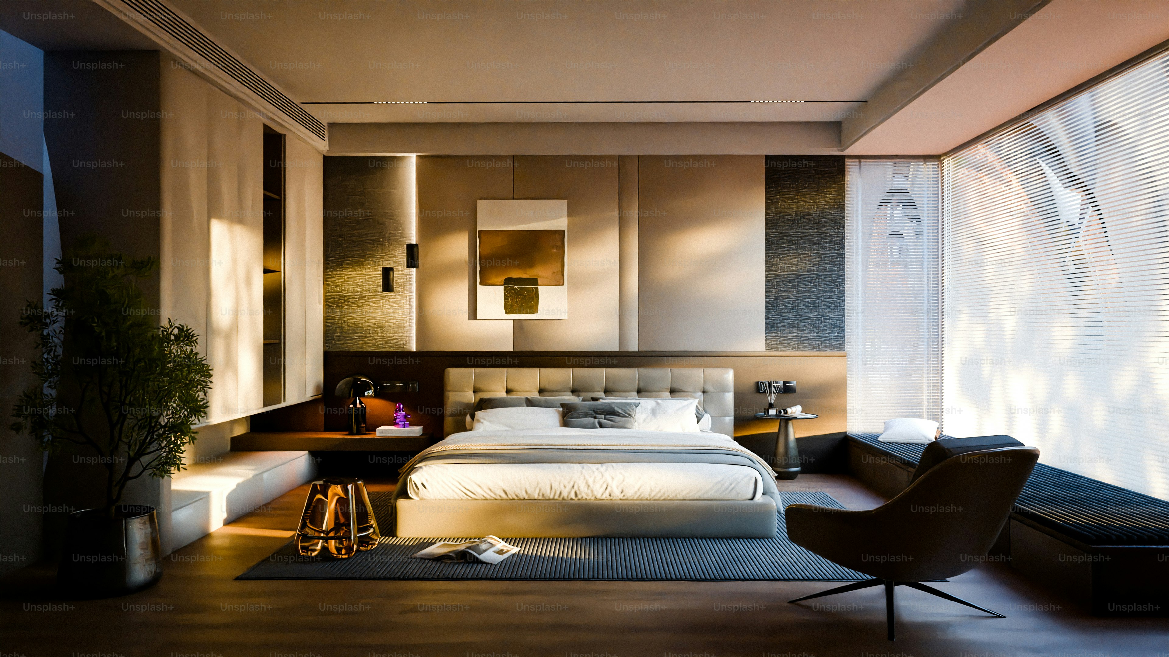 A luxurious bedroom with a large window. photo – Architecture Image on ...