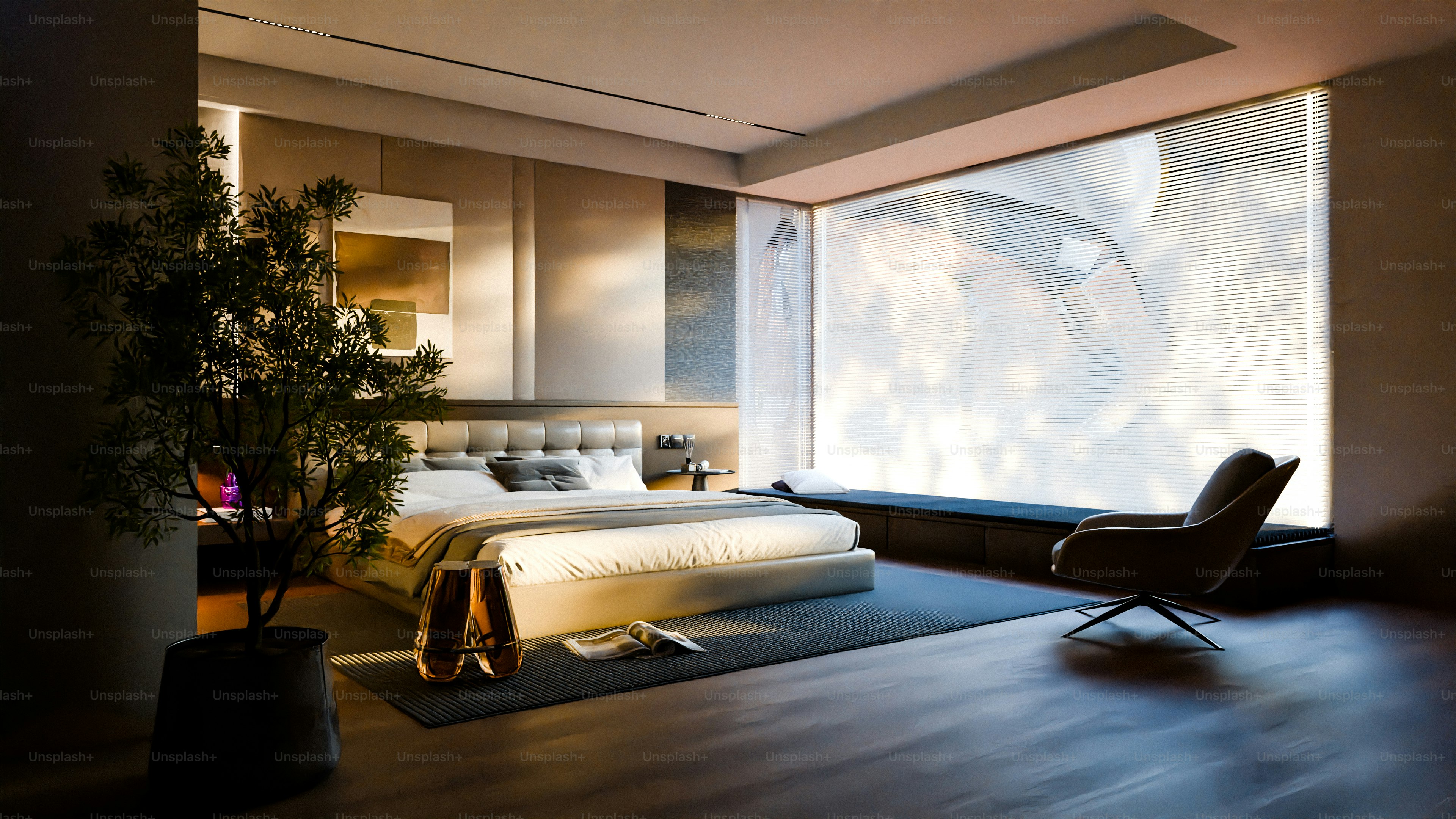 A luxurious bedroom with a large window.