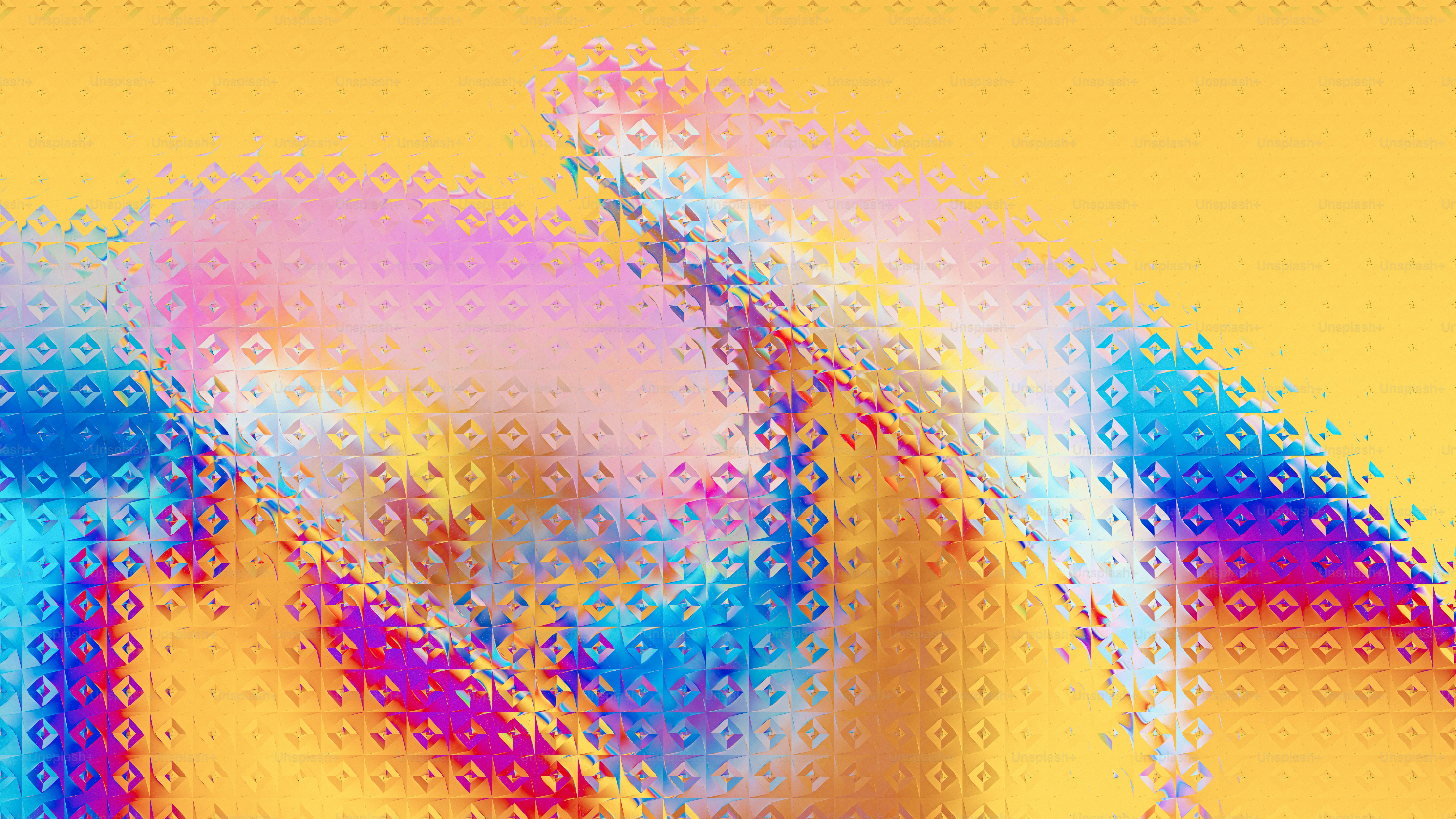 Abstract shapes in vibrant colors over yellow.