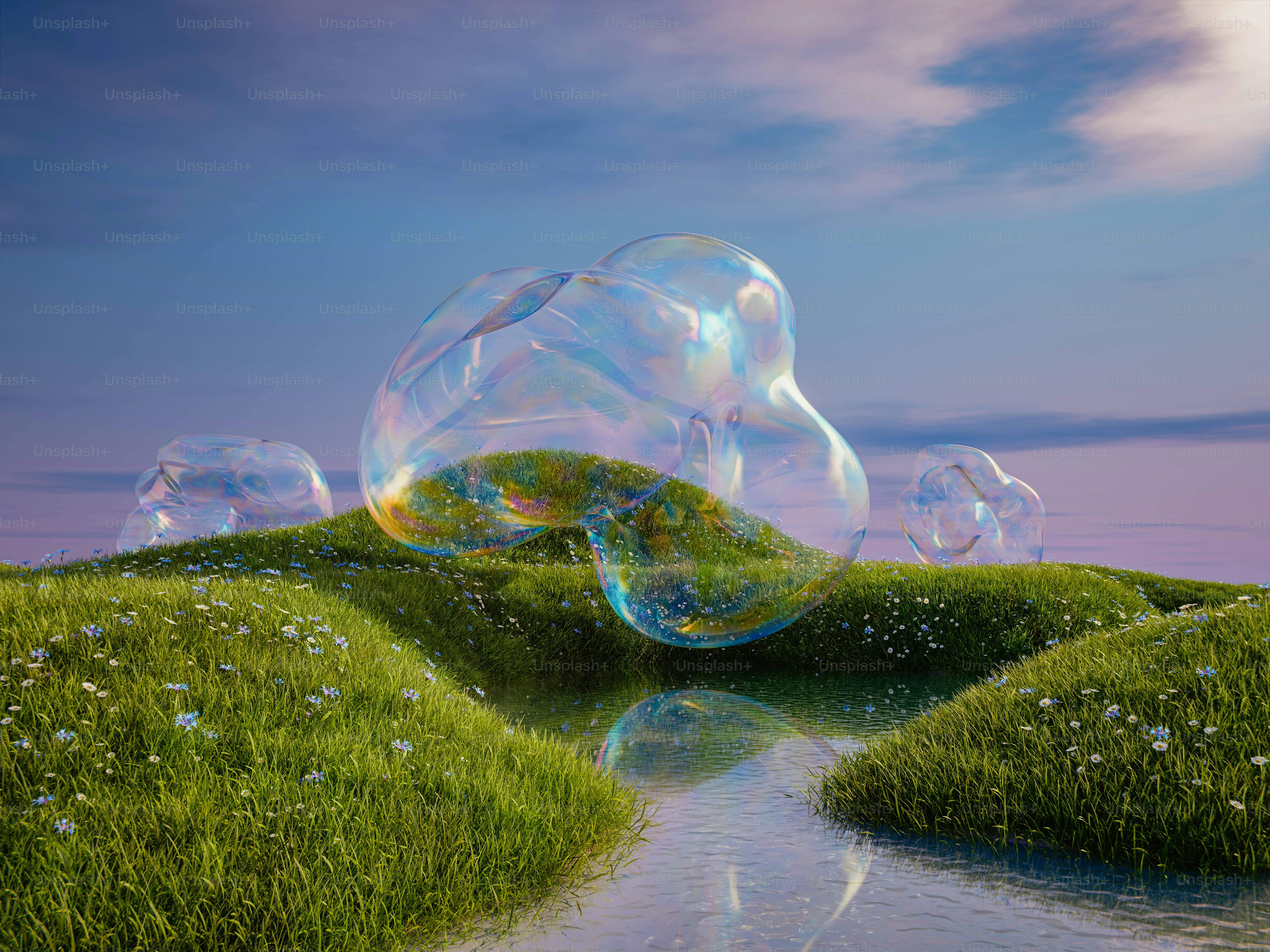 Bubbles float over grassy hills and a small stream.