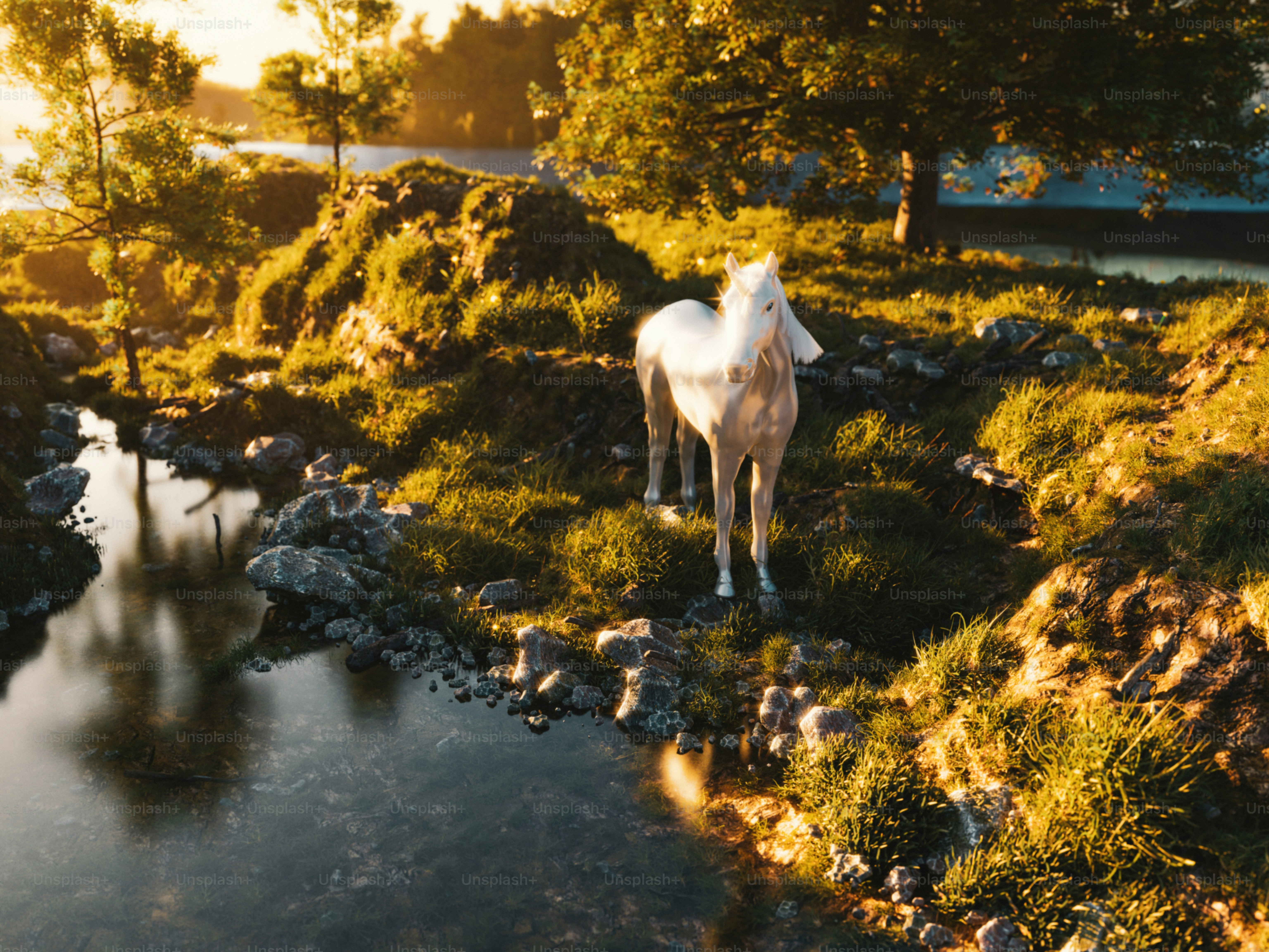A white horse stands by a river in the sunshine.