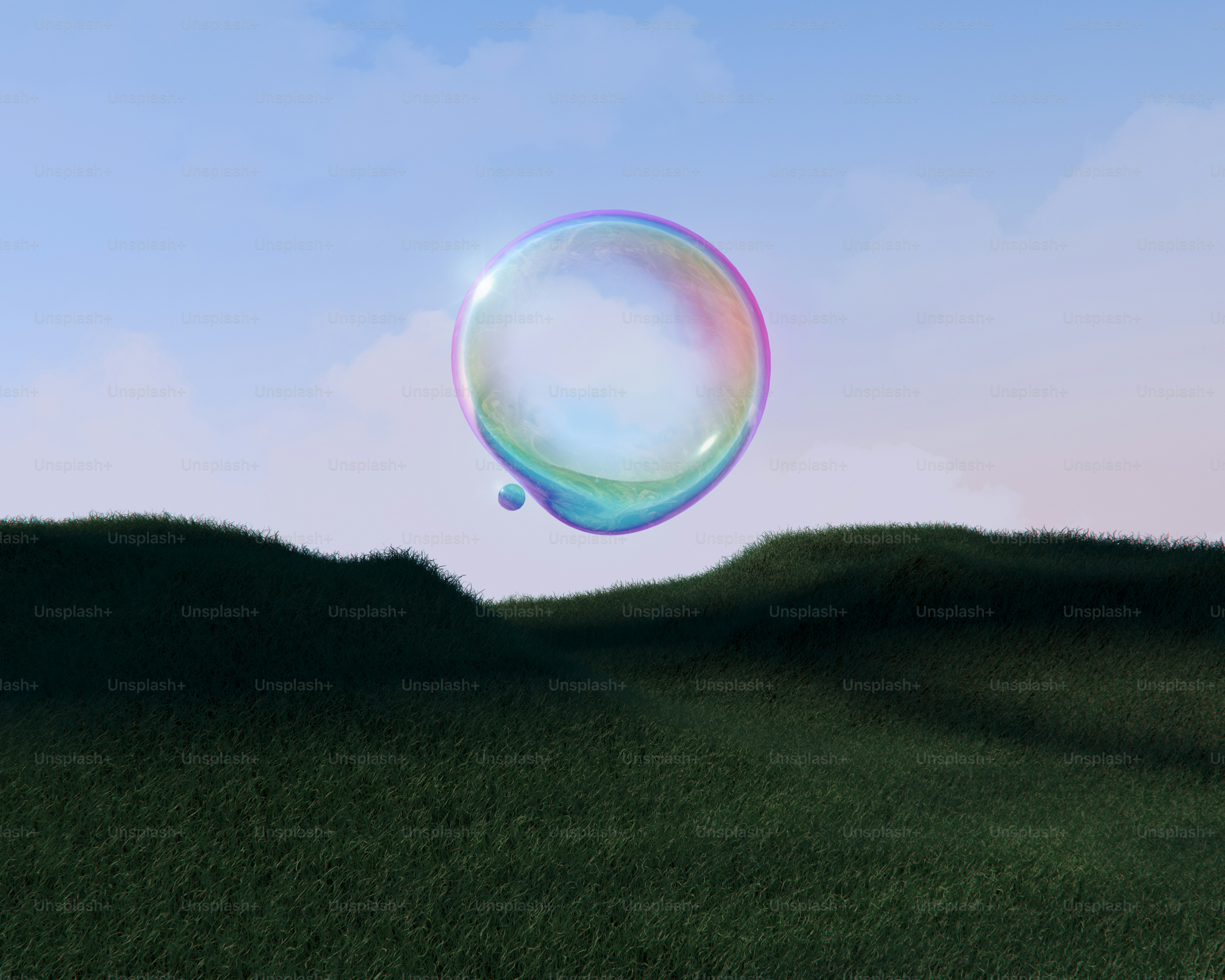 A giant bubble floats above the green landscape.
