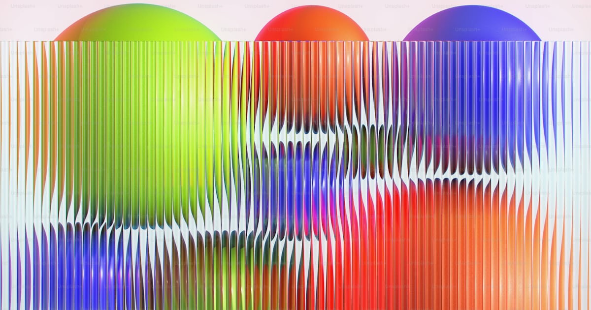 Colorful spheres appear behind a distorted, vertical line. photo ...