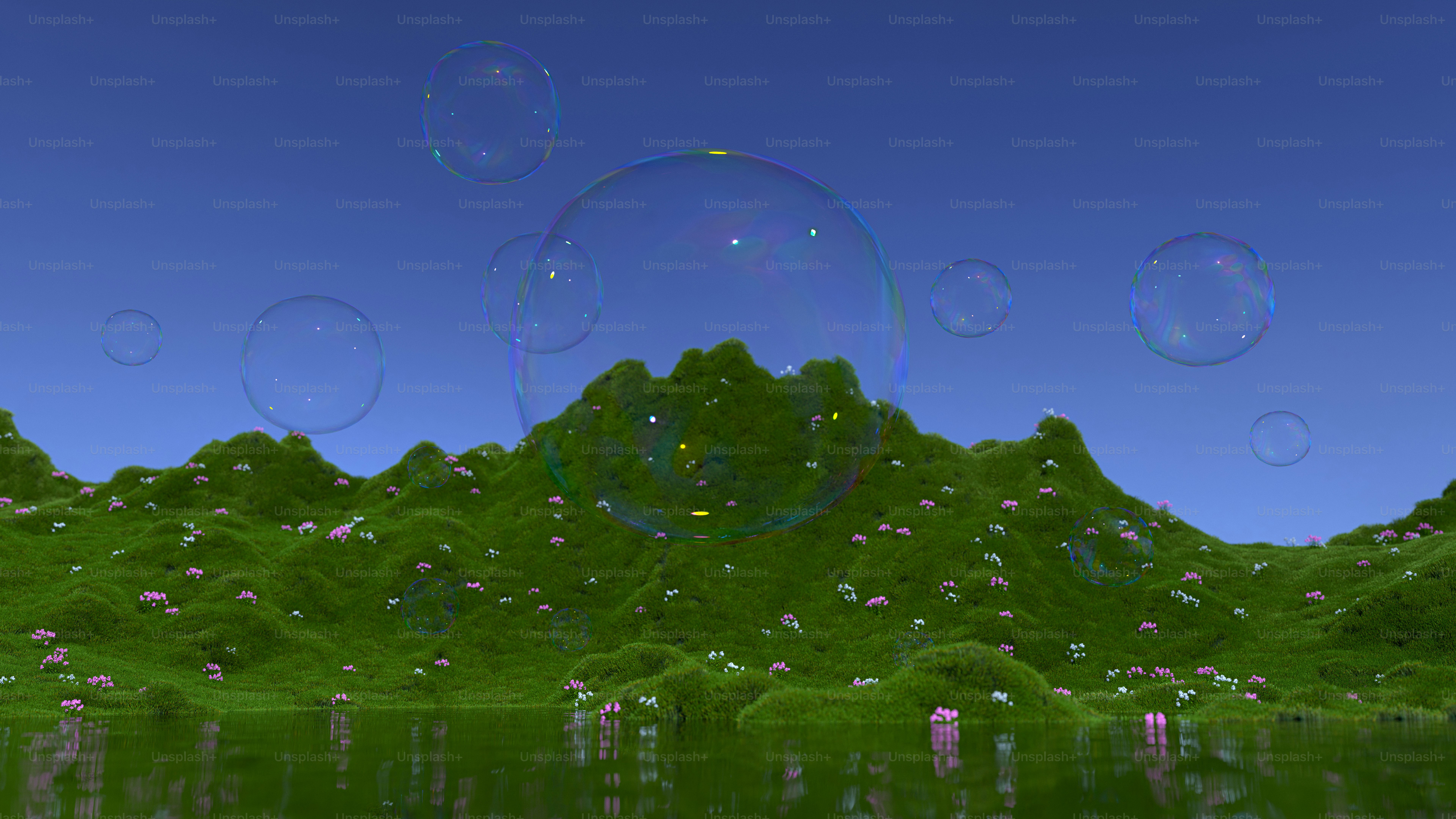 Bubbles float over green hills and blue sky.