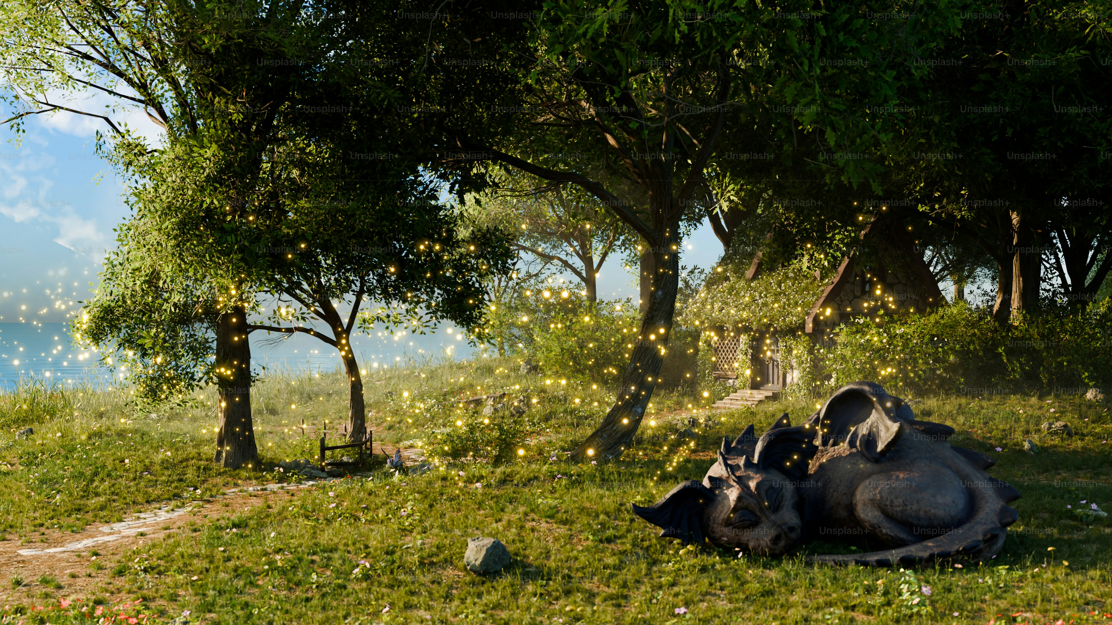 Ein Drache ruht friedlich unter einem Baum.
