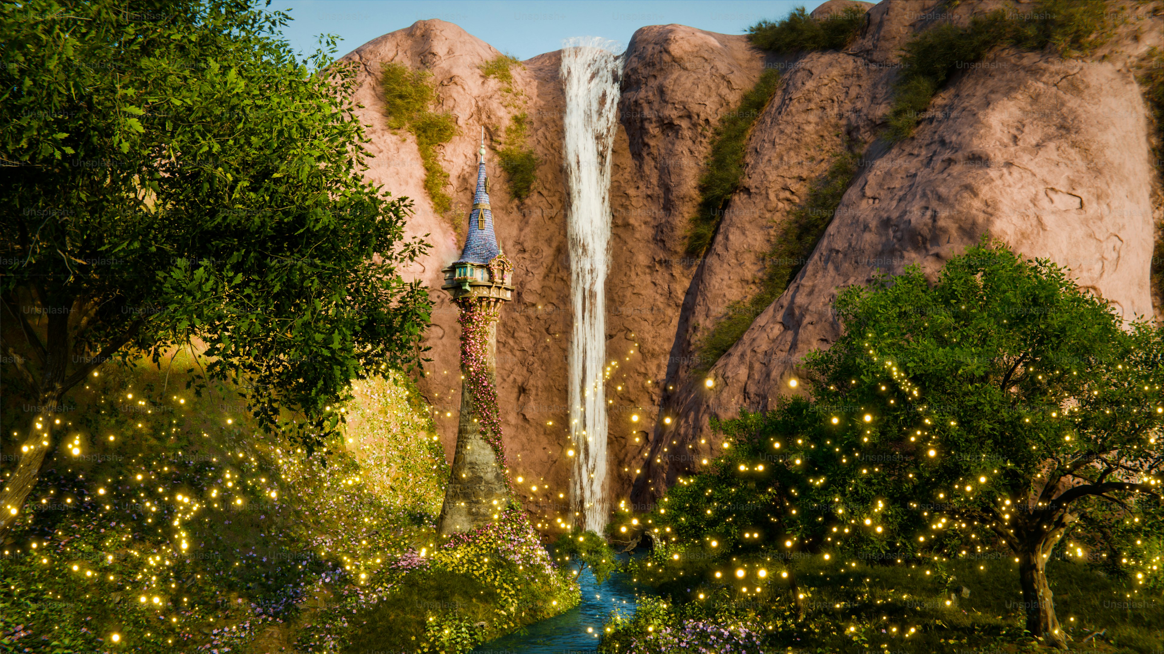 A waterfall flows down to a fairytale tower.