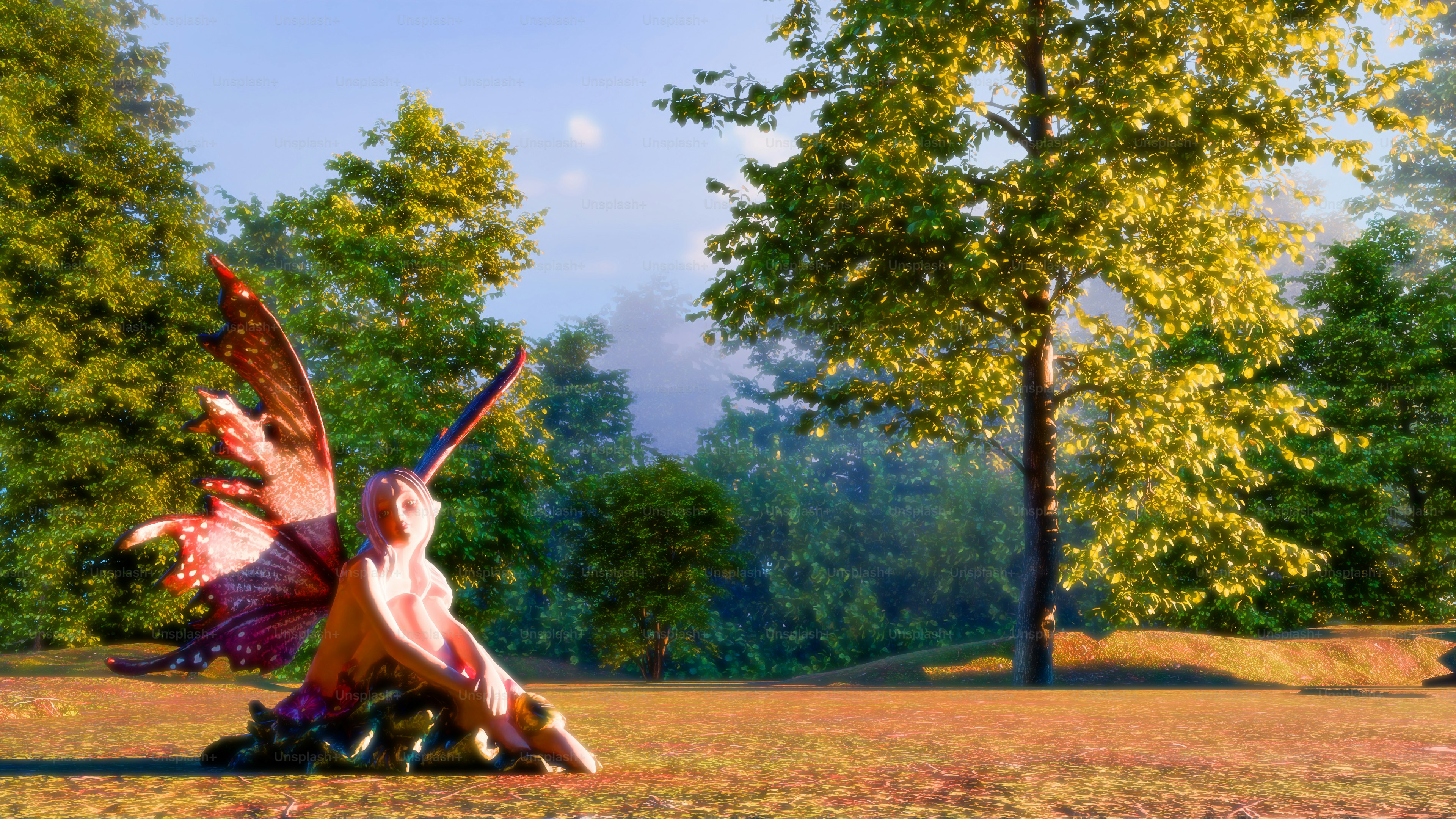Eine Fee ruht sich in einer wunderschönen Waldkulisse aus.