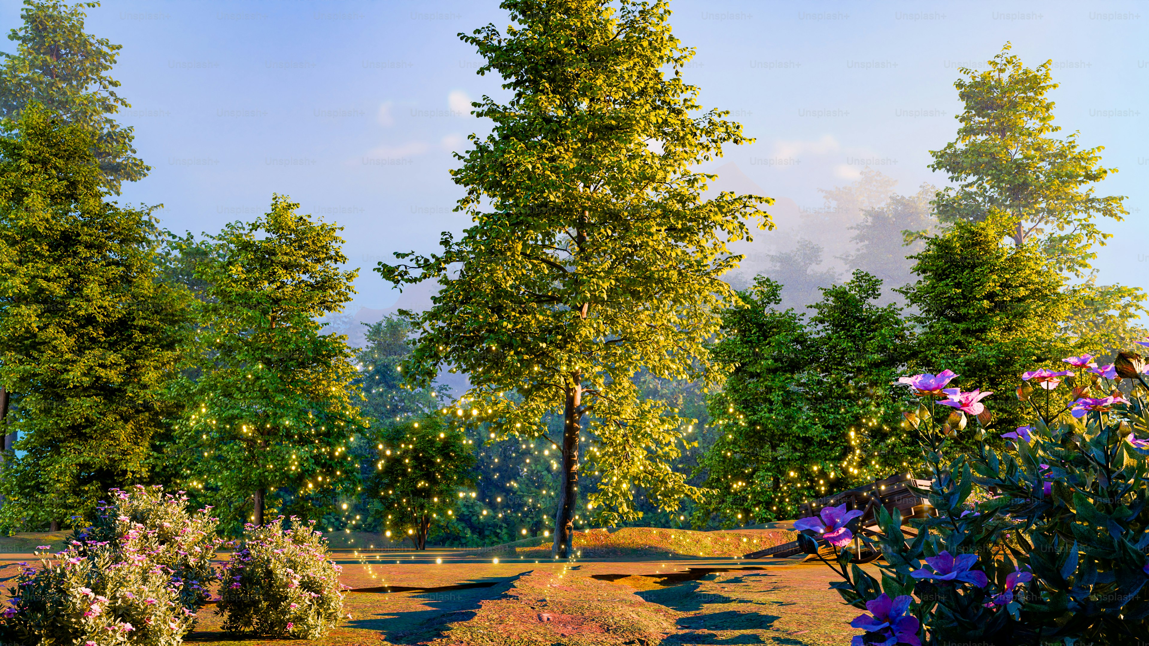 Bäume und Blumen blühen in einer sonnigen Landschaft.