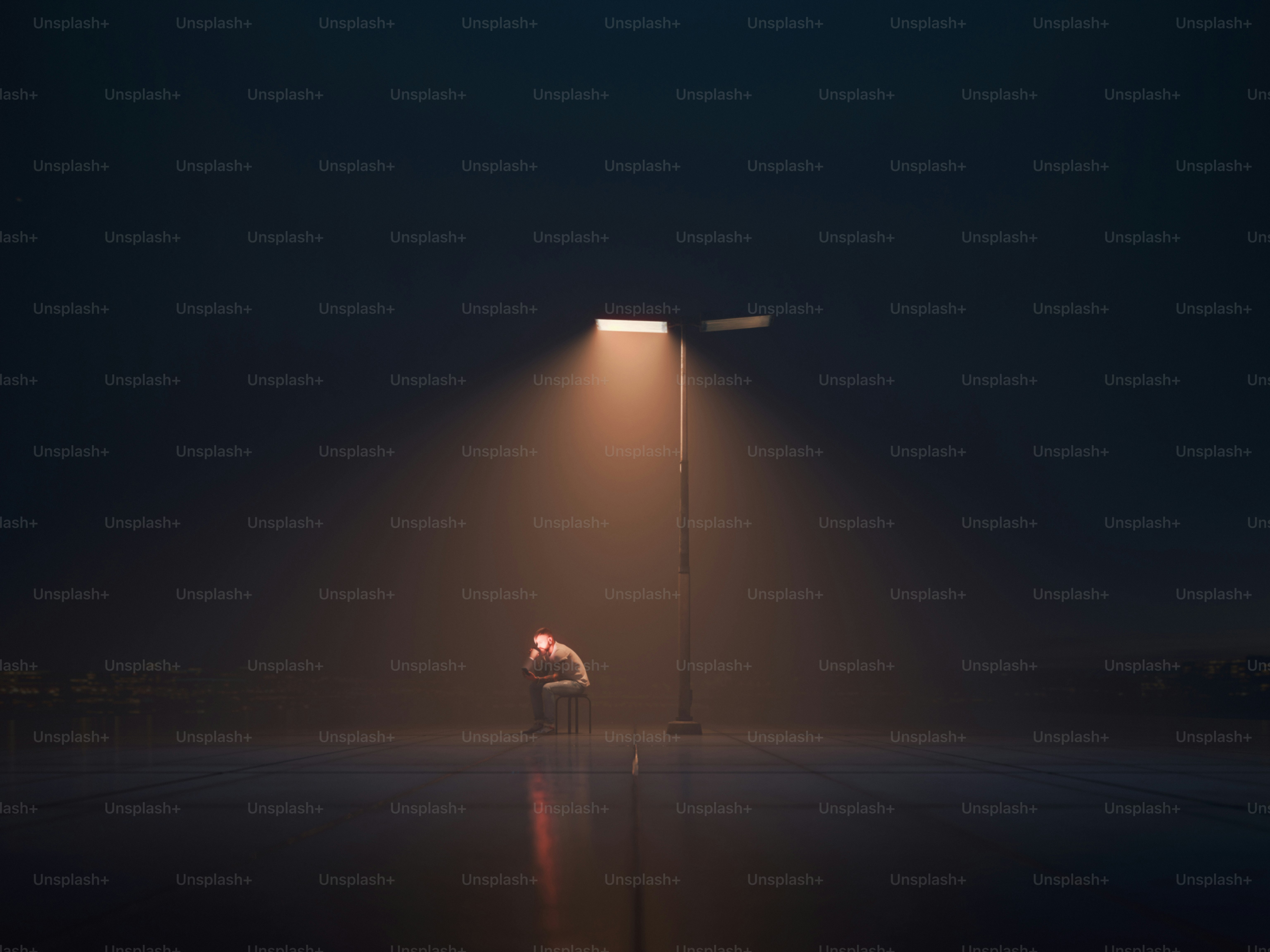 Una persona se sienta sola bajo una farola.