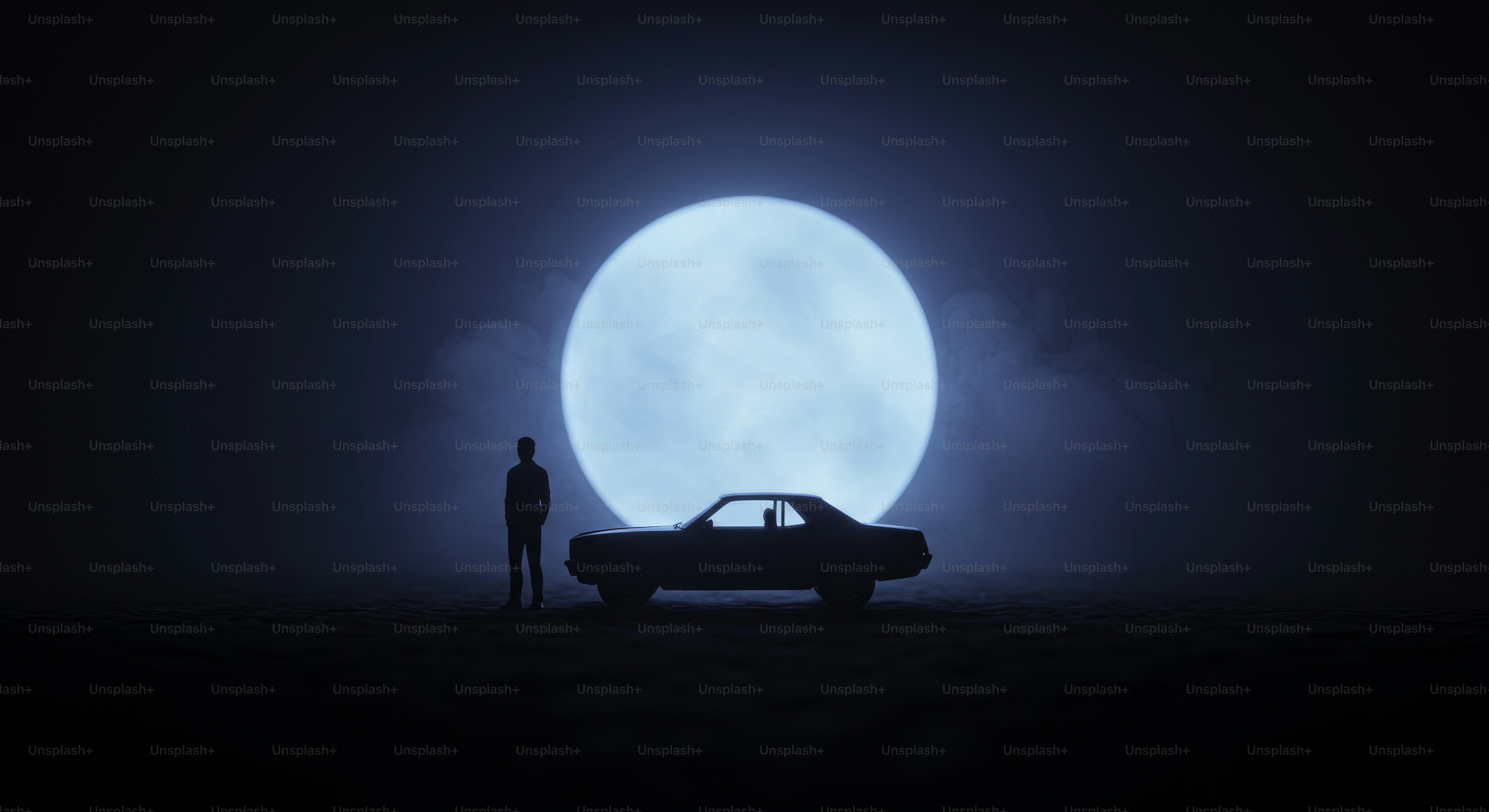 A person and car silhouetted by a blue moon.