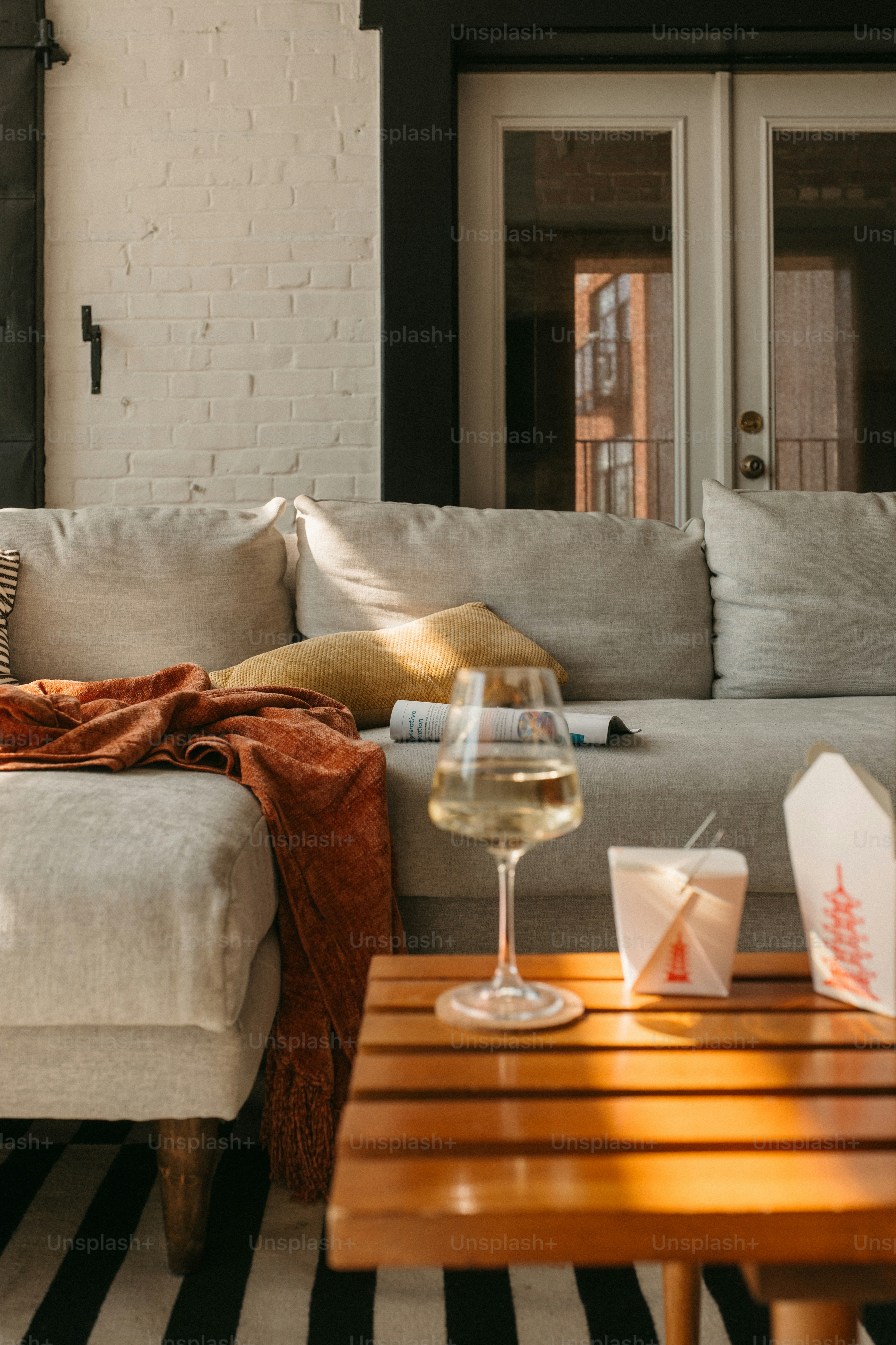 Relaxing at home with wine and takeout.