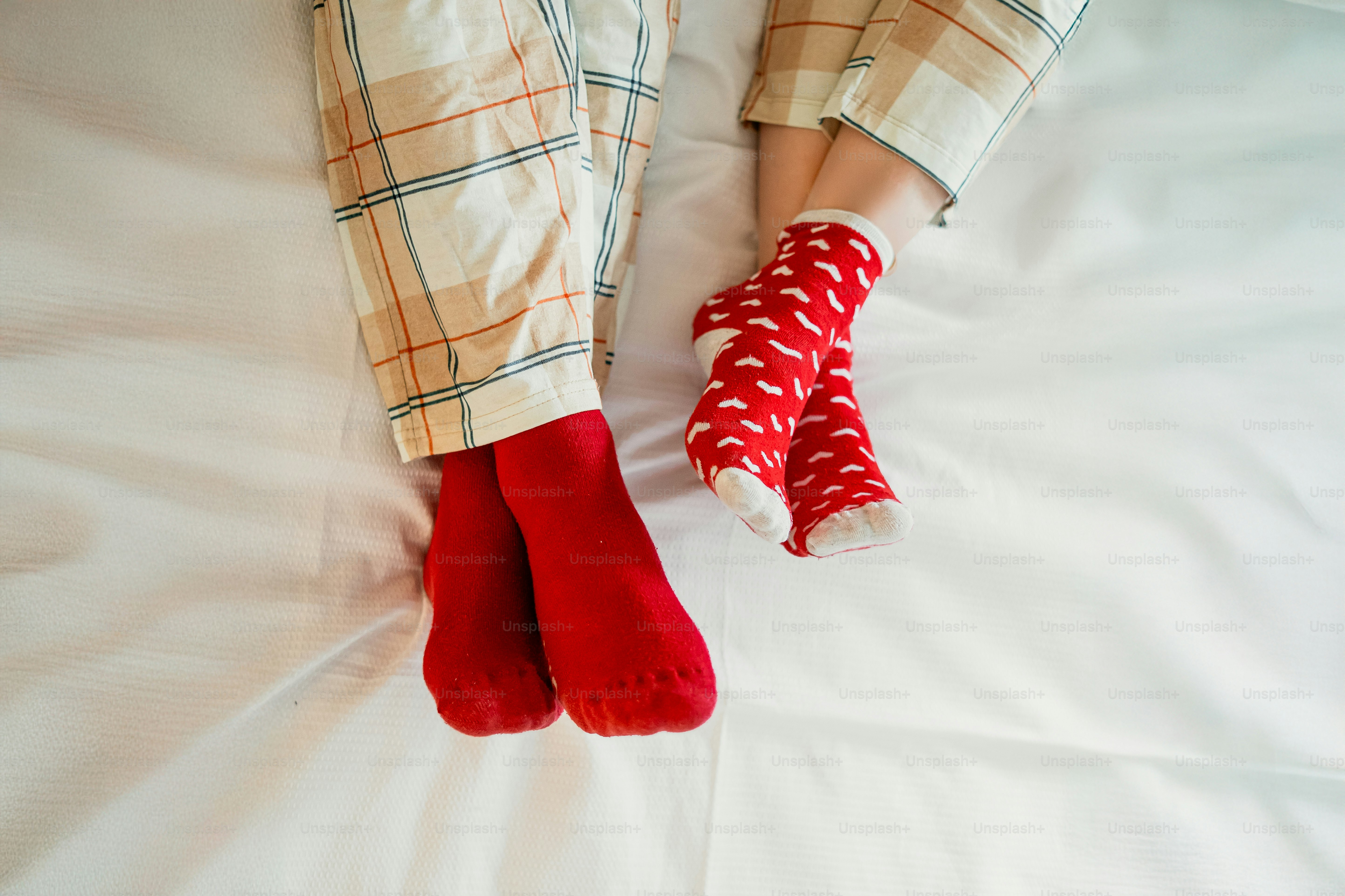 Cozy feet in matching pajamas and socks.