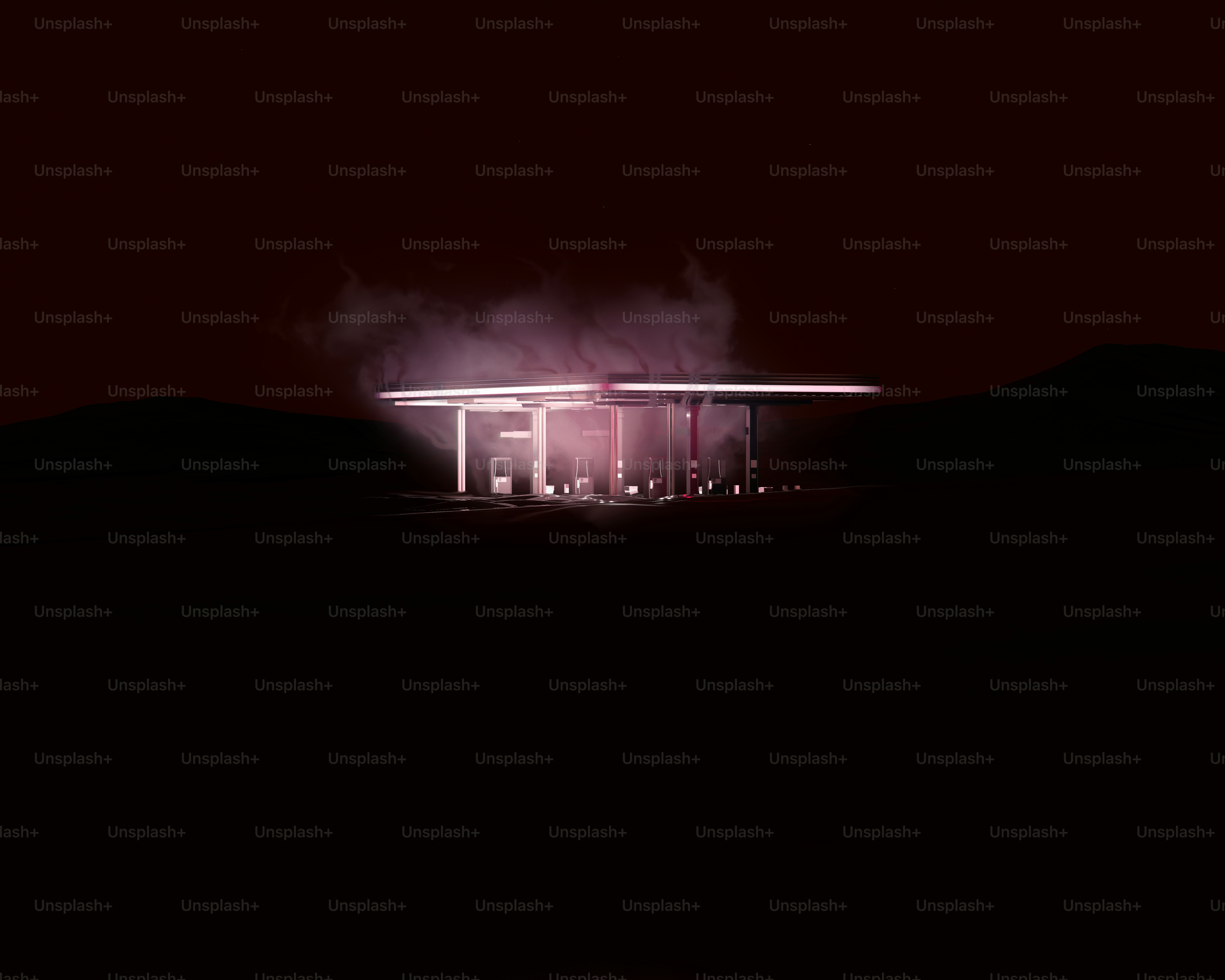 暗い夜に照らされたガソリンスタンド。