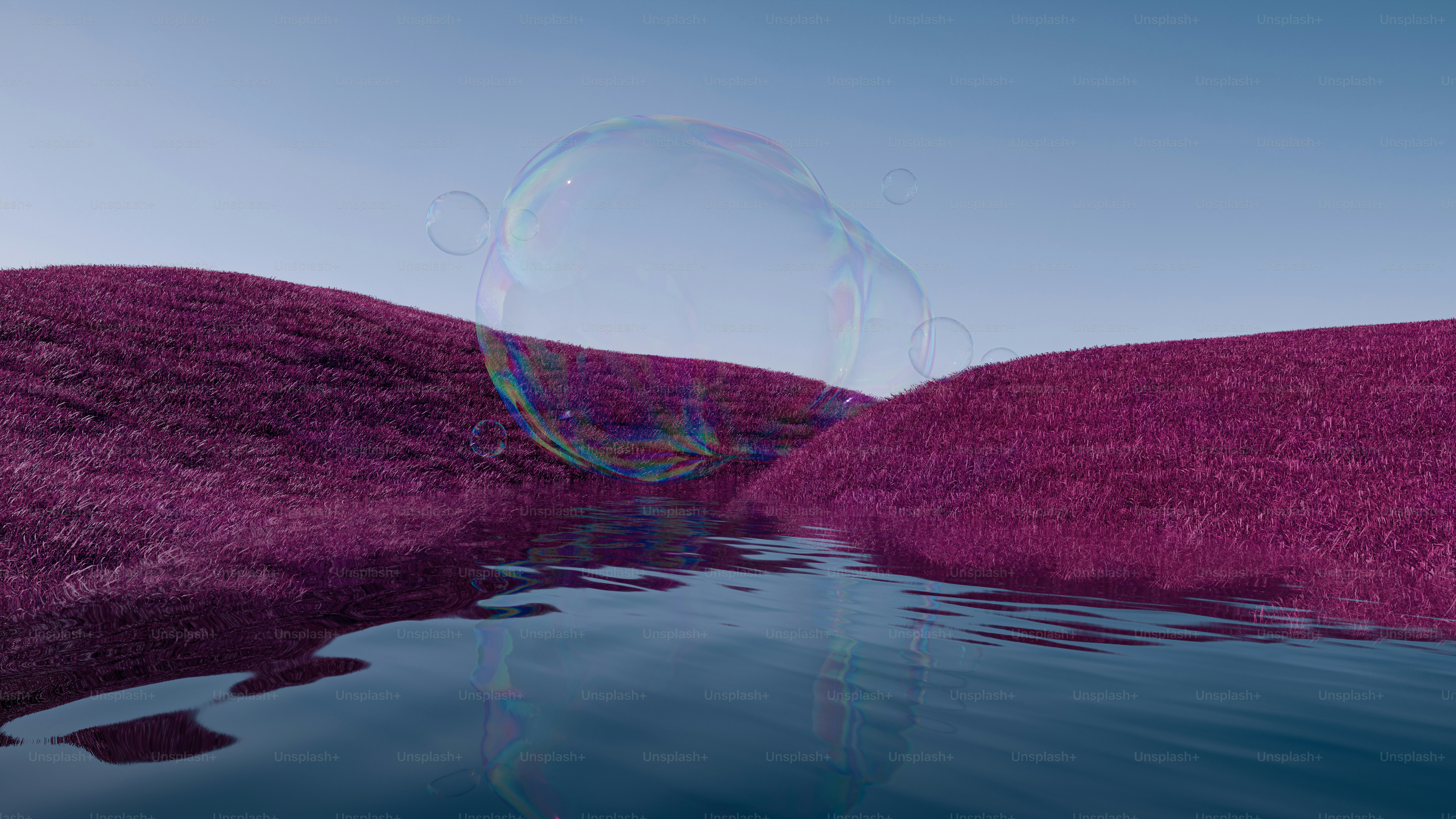 A bubble hovers over water near two pink hills.
