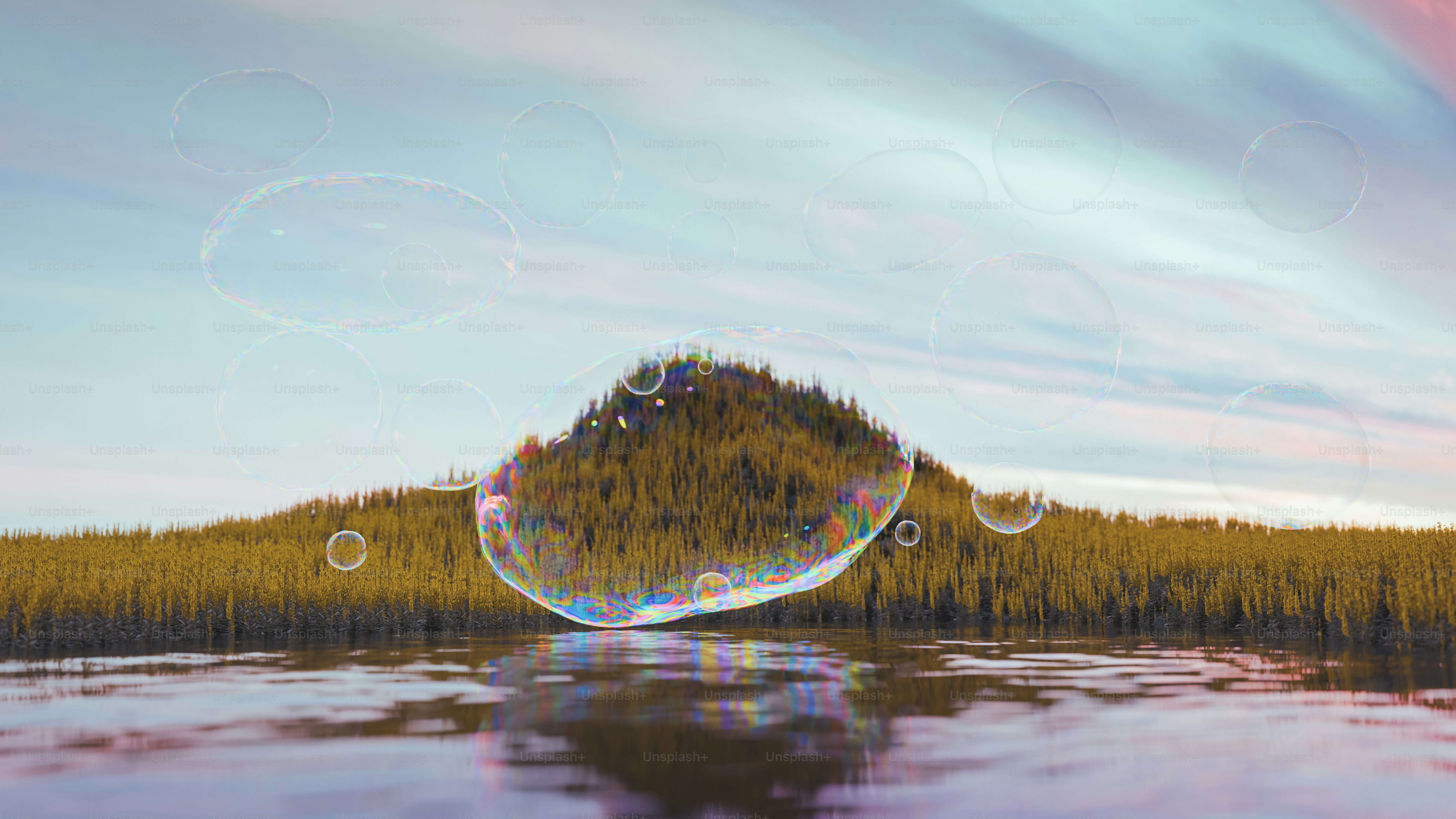 A large bubble reflects a forest.