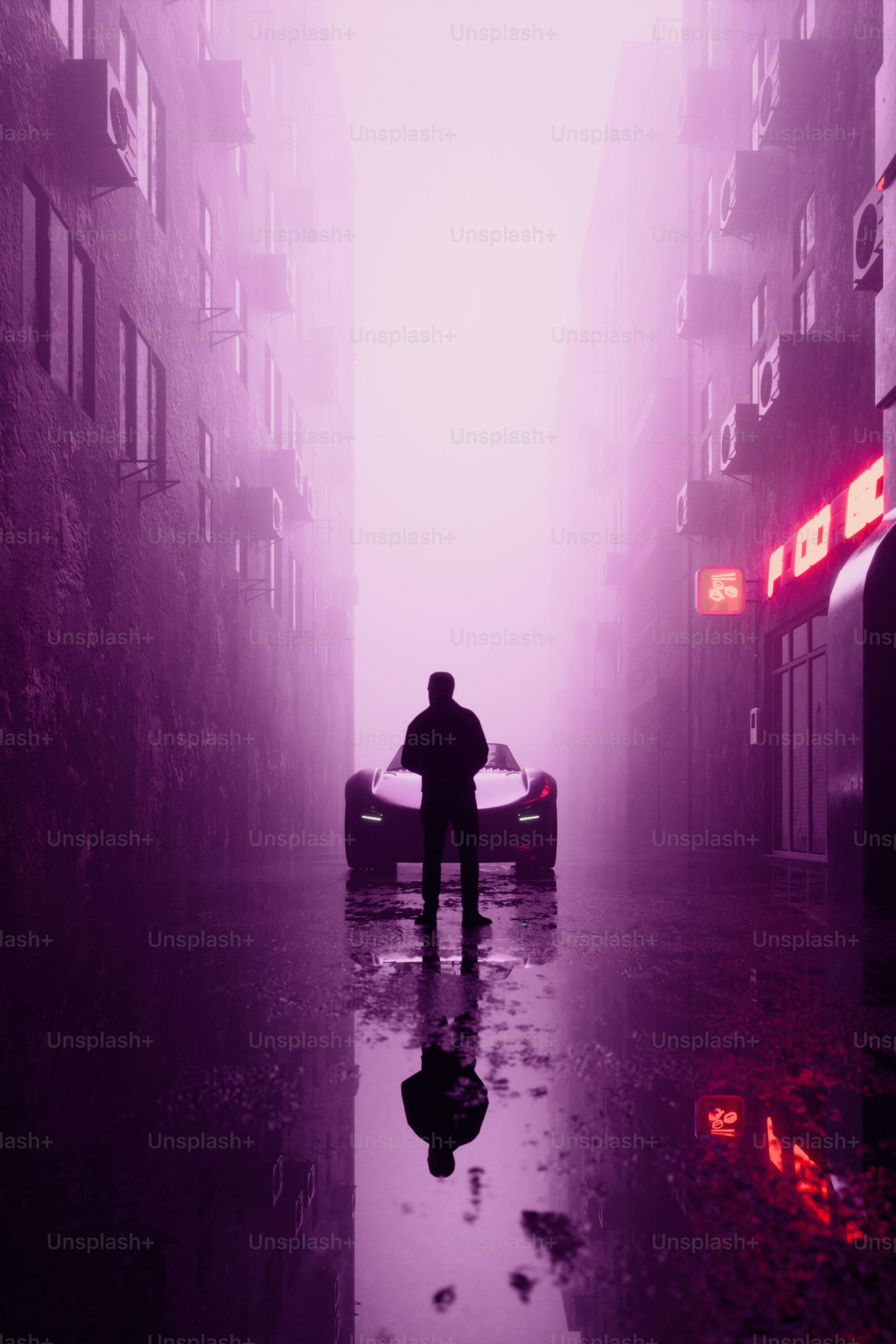 紫色の路地に車を乗せた男のシルエット。
