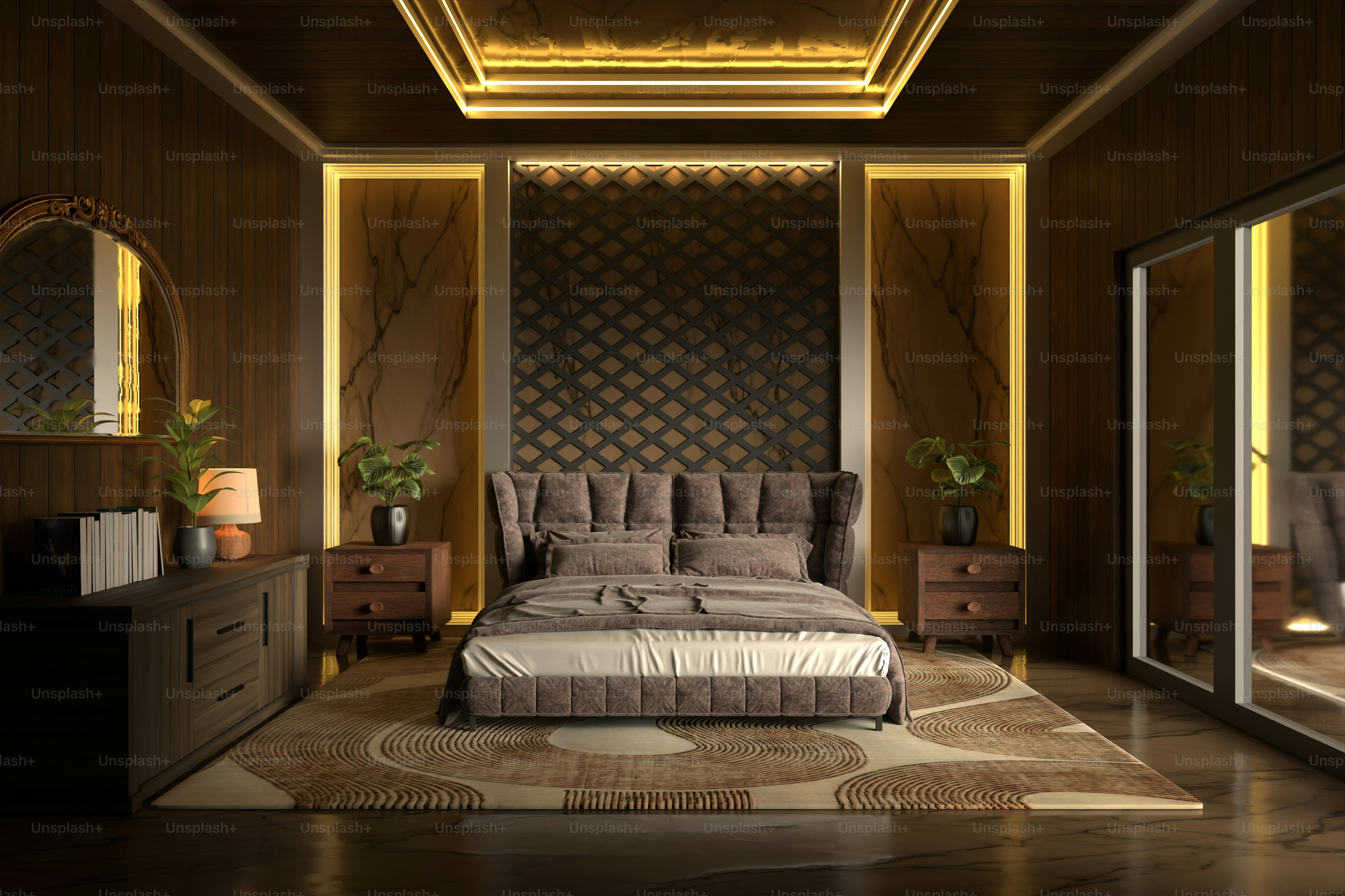 Un dormitorio lujoso y oscuro con una iluminación elegante.